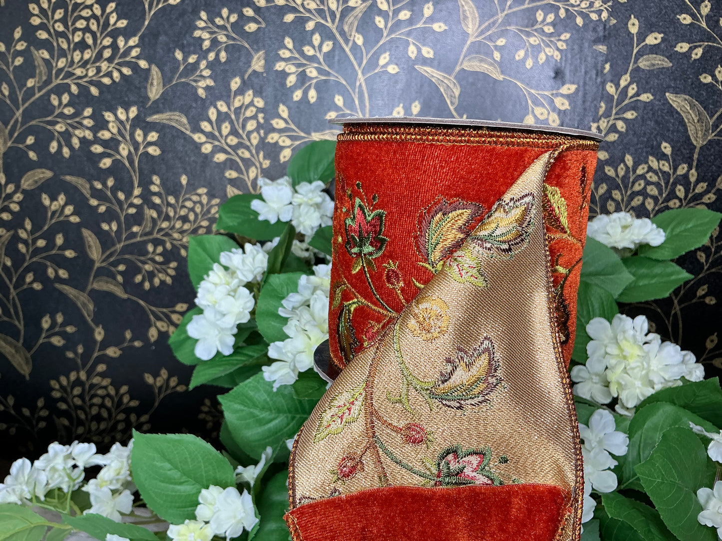 Orange velvet ribbon with embroidered fall leaves