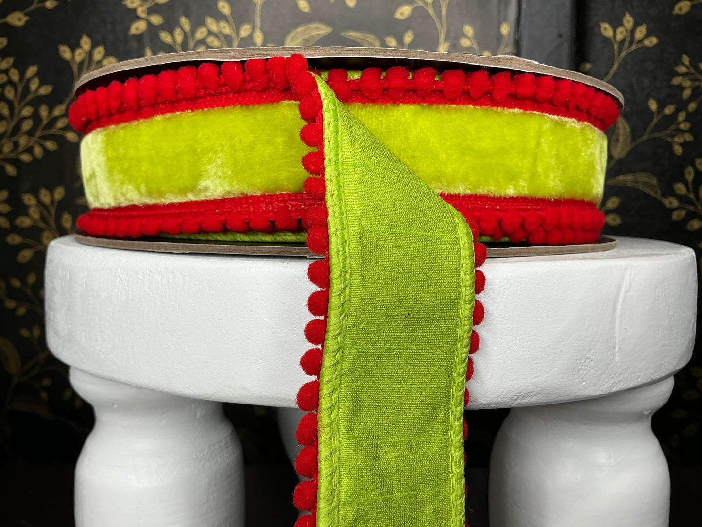 Lime Velvet Ribbon with red pompom trim - Vickerman
