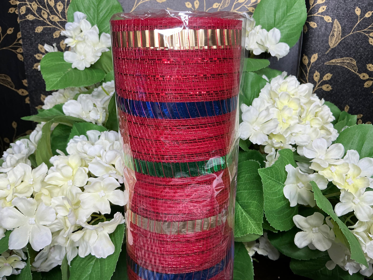 Red mesh with Blue/Green/Gold Stripes