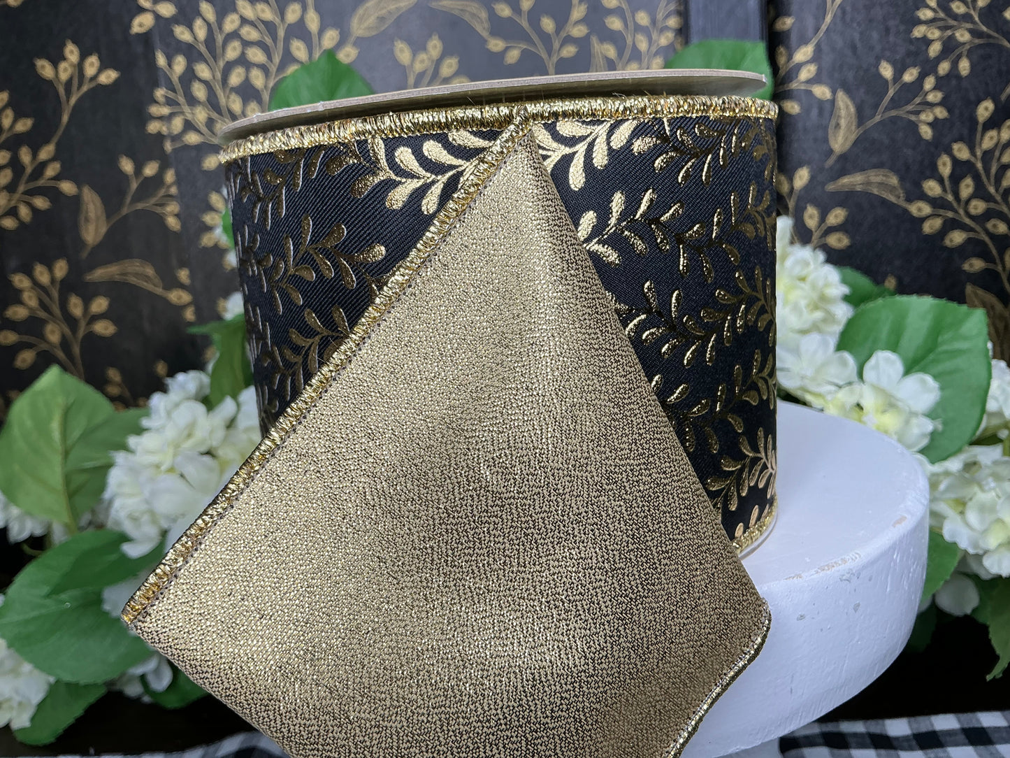 Black with gold leaf garland design ribbon - D’Lux - 4”