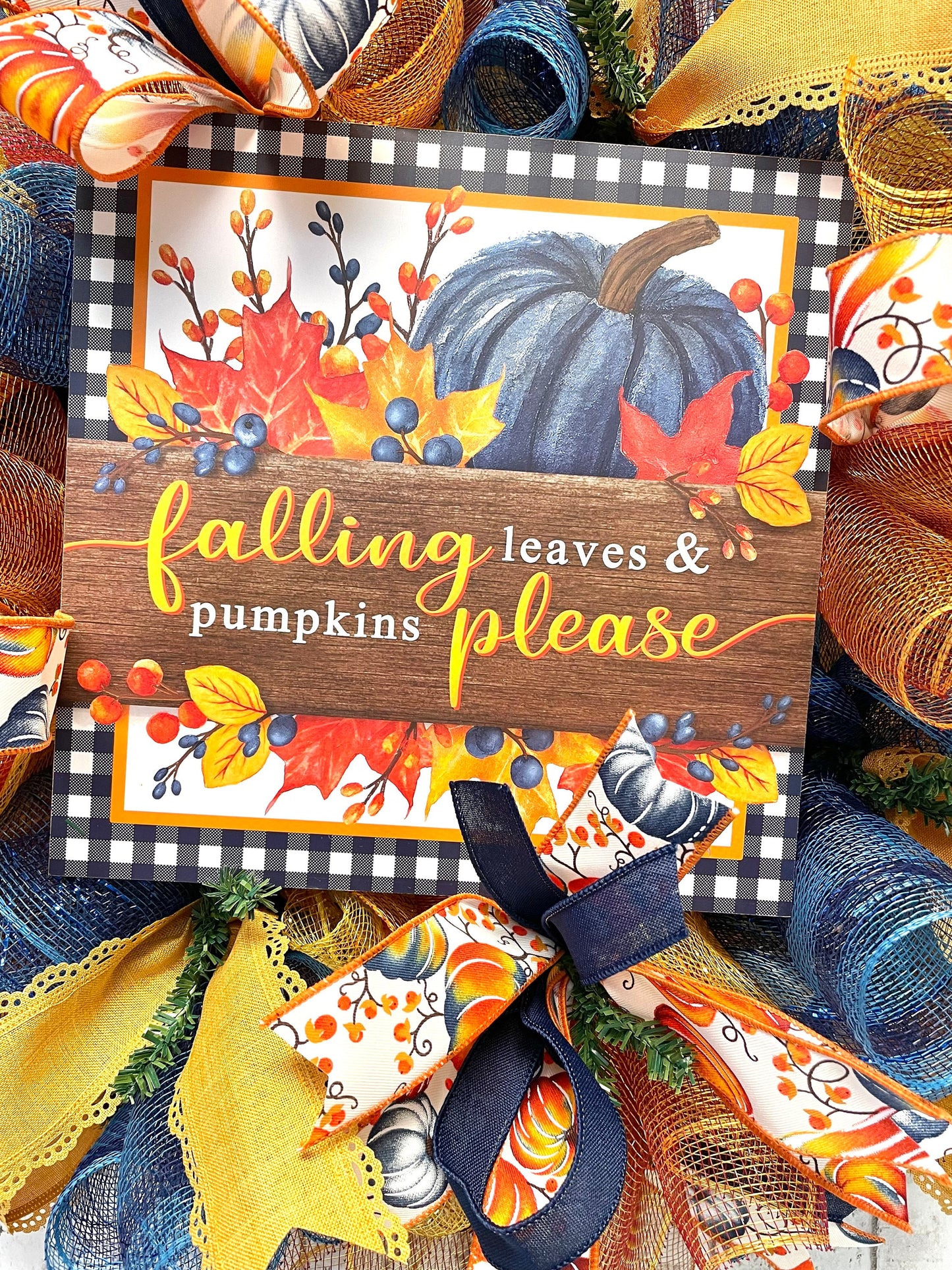 Fall wreath, blue fall wreath, fall mesh wreath, housewarming gift, birthday gift, blue pumpkin wreath, shipping included in price.