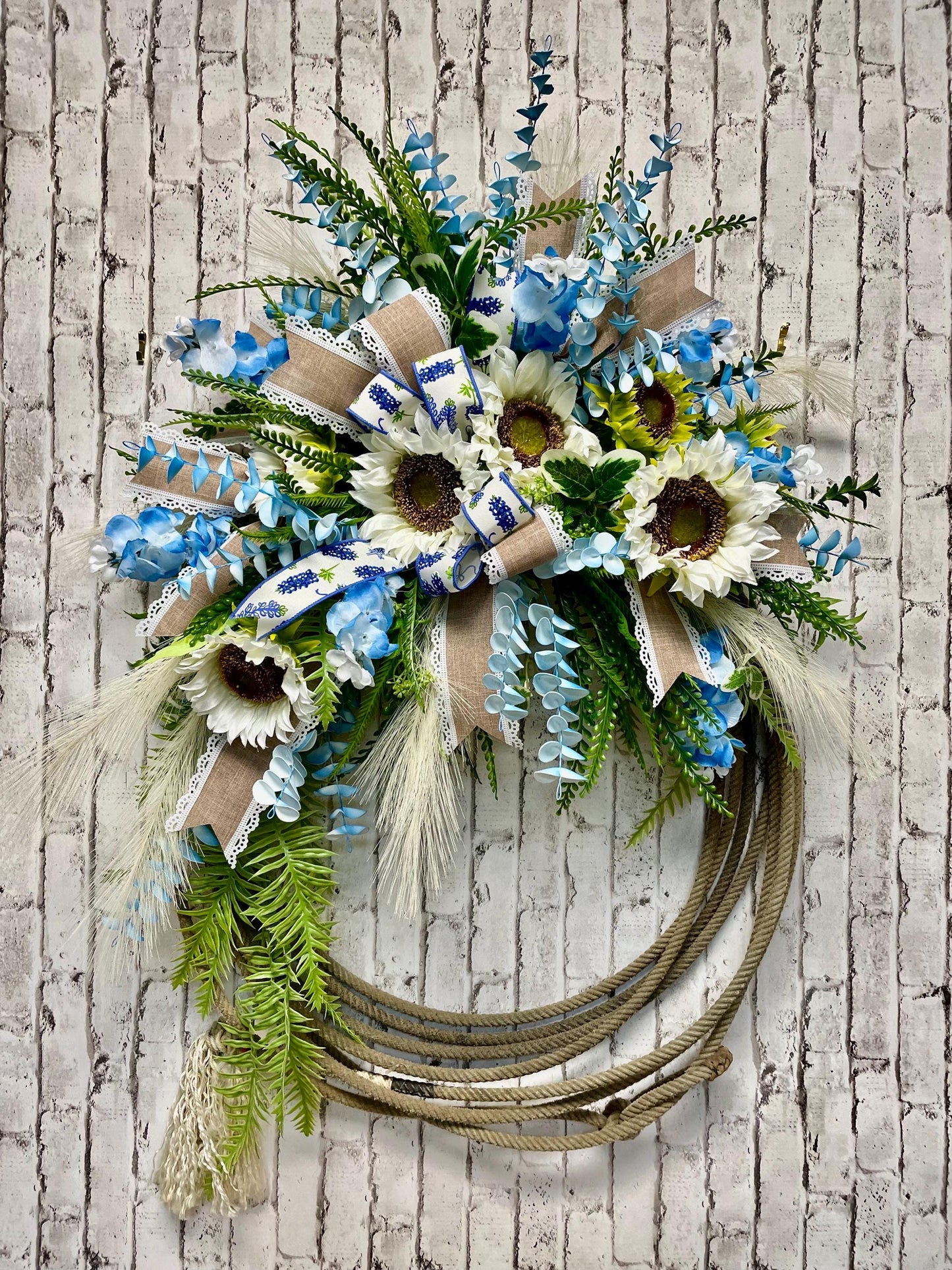 rope wreath, used lariat wreath, authentic lasso wreath, blue bonnet wreath, sunflower wreath, farmhouse wreath, free shipping