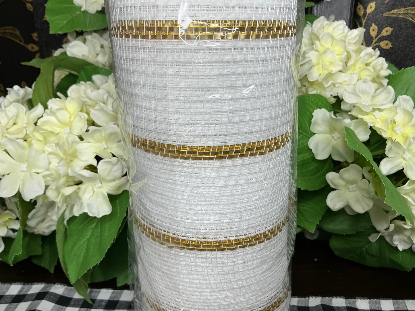 White Mesh with gold stripes
