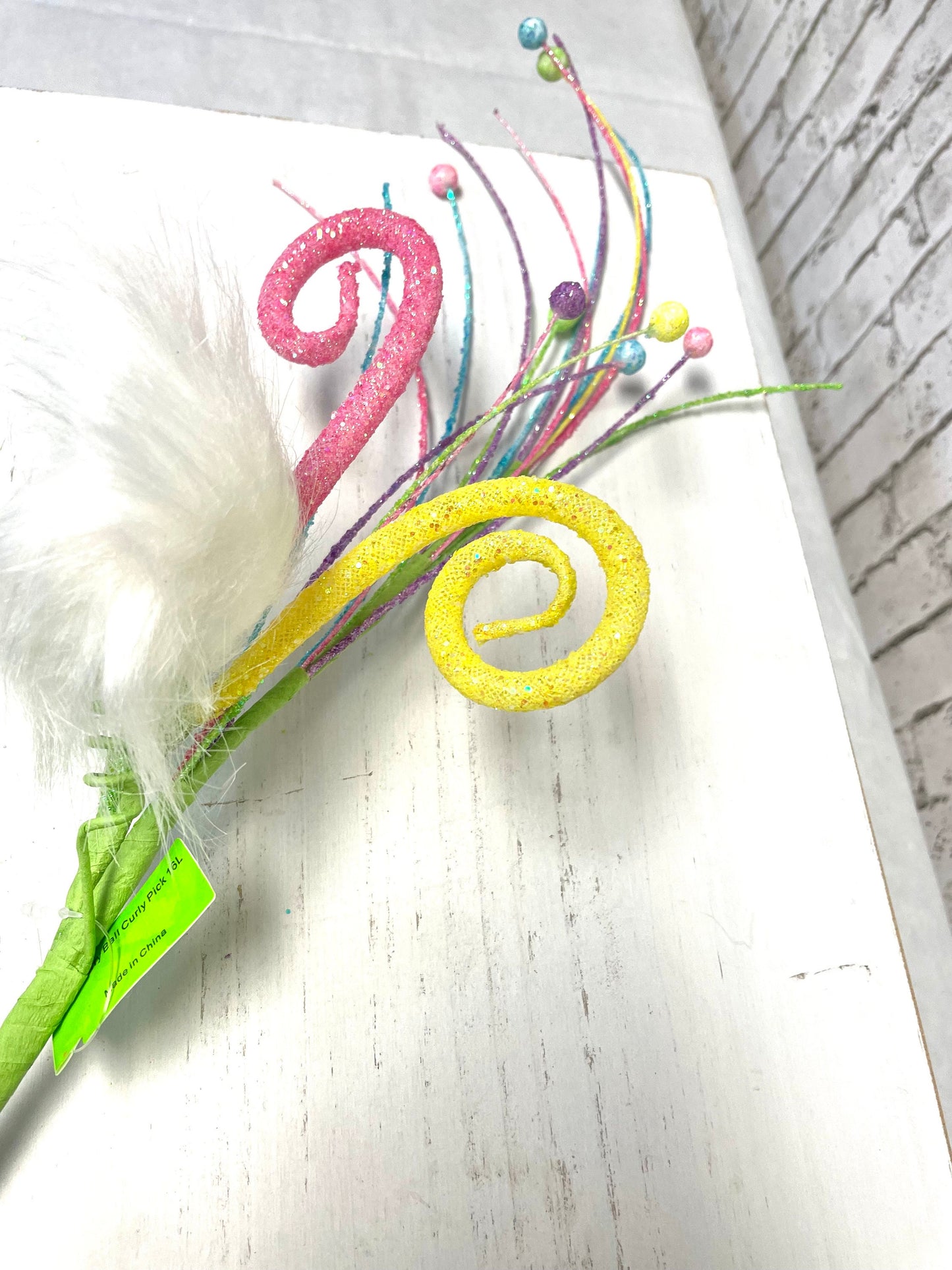 Furry ball curly spray, Easter spray, 62030SP16, spring spray, glittery curly spray, curly spray, fuzzy bunny tail curly spray