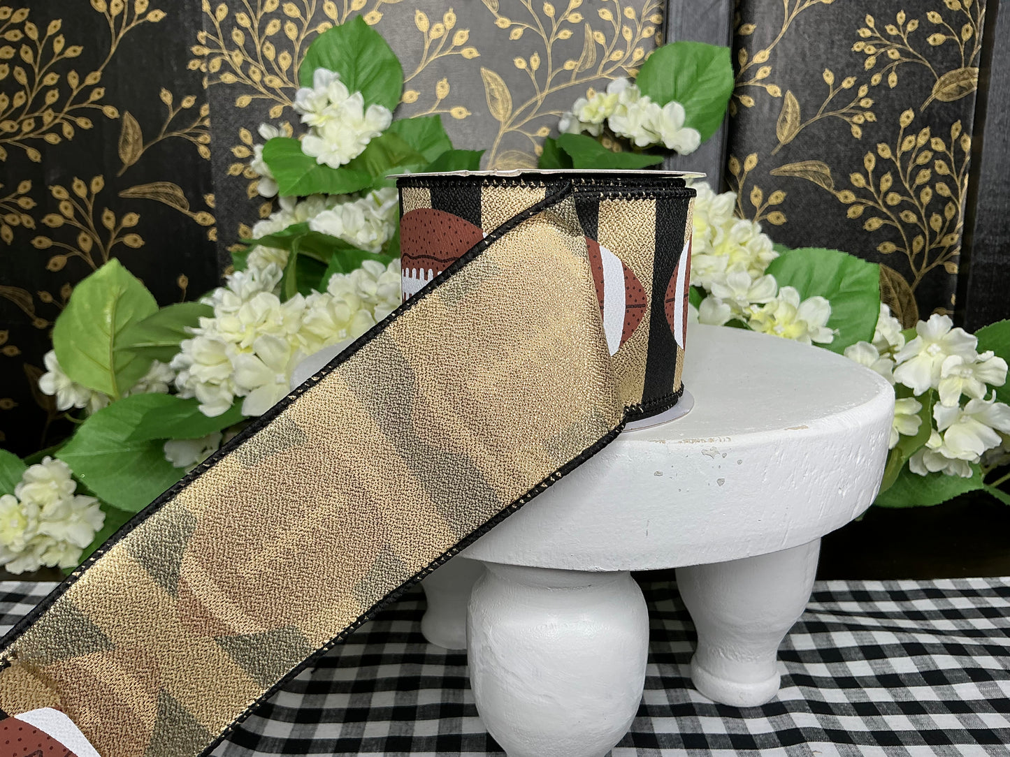 Black/Gold Stripes with Footballs Ribbon