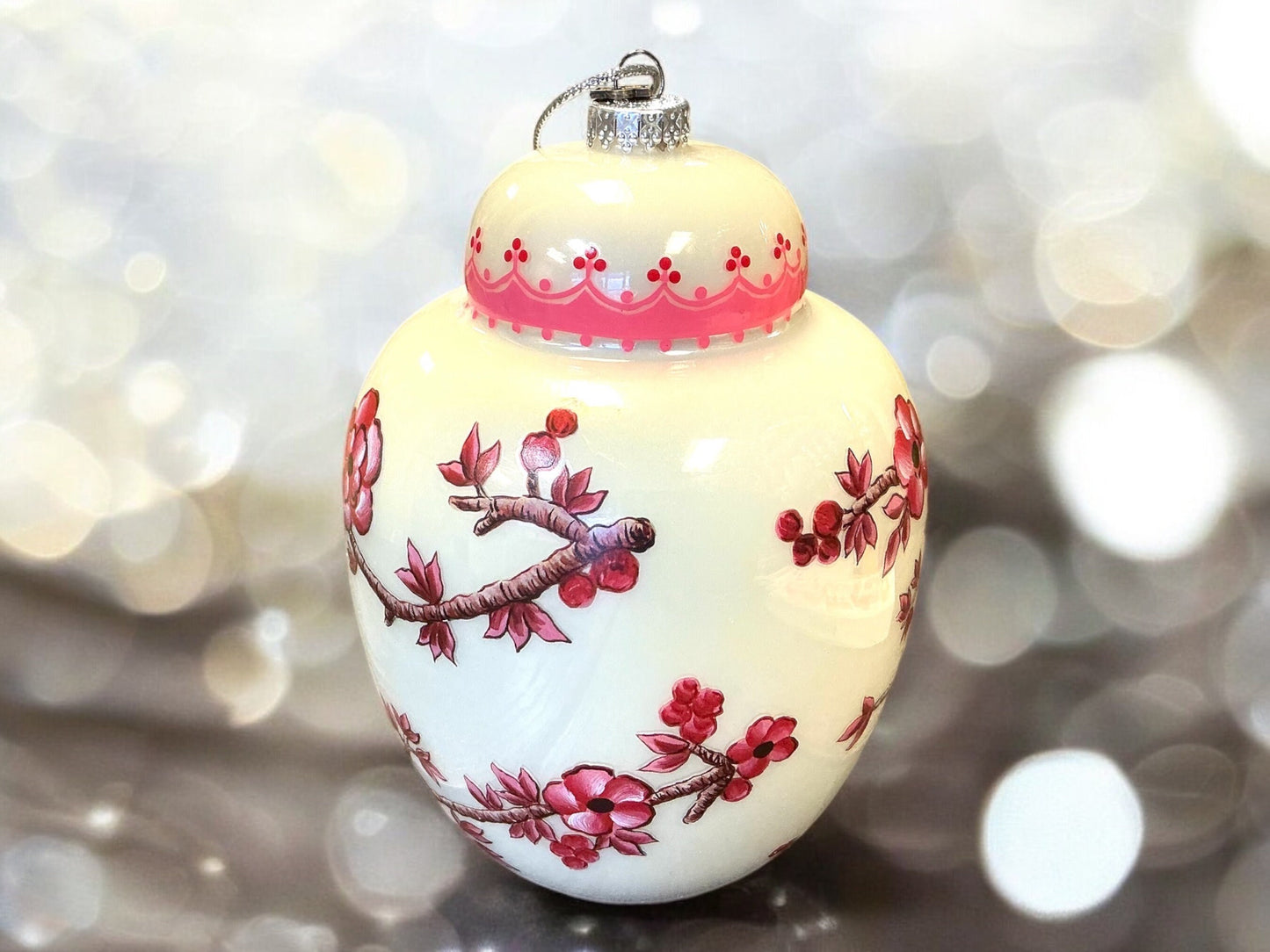 7” Pink and White jar Christmas ornament, 4353177, Blown Glass, Hand Painted