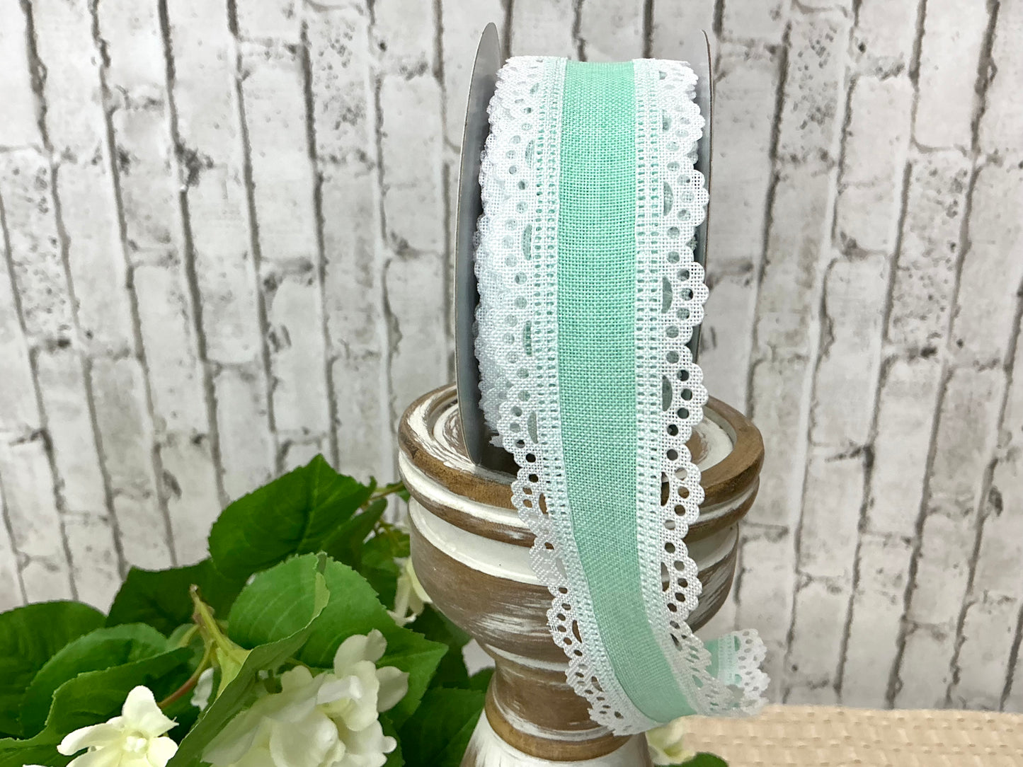 Mint ribbon with white lace, RGA1541AN