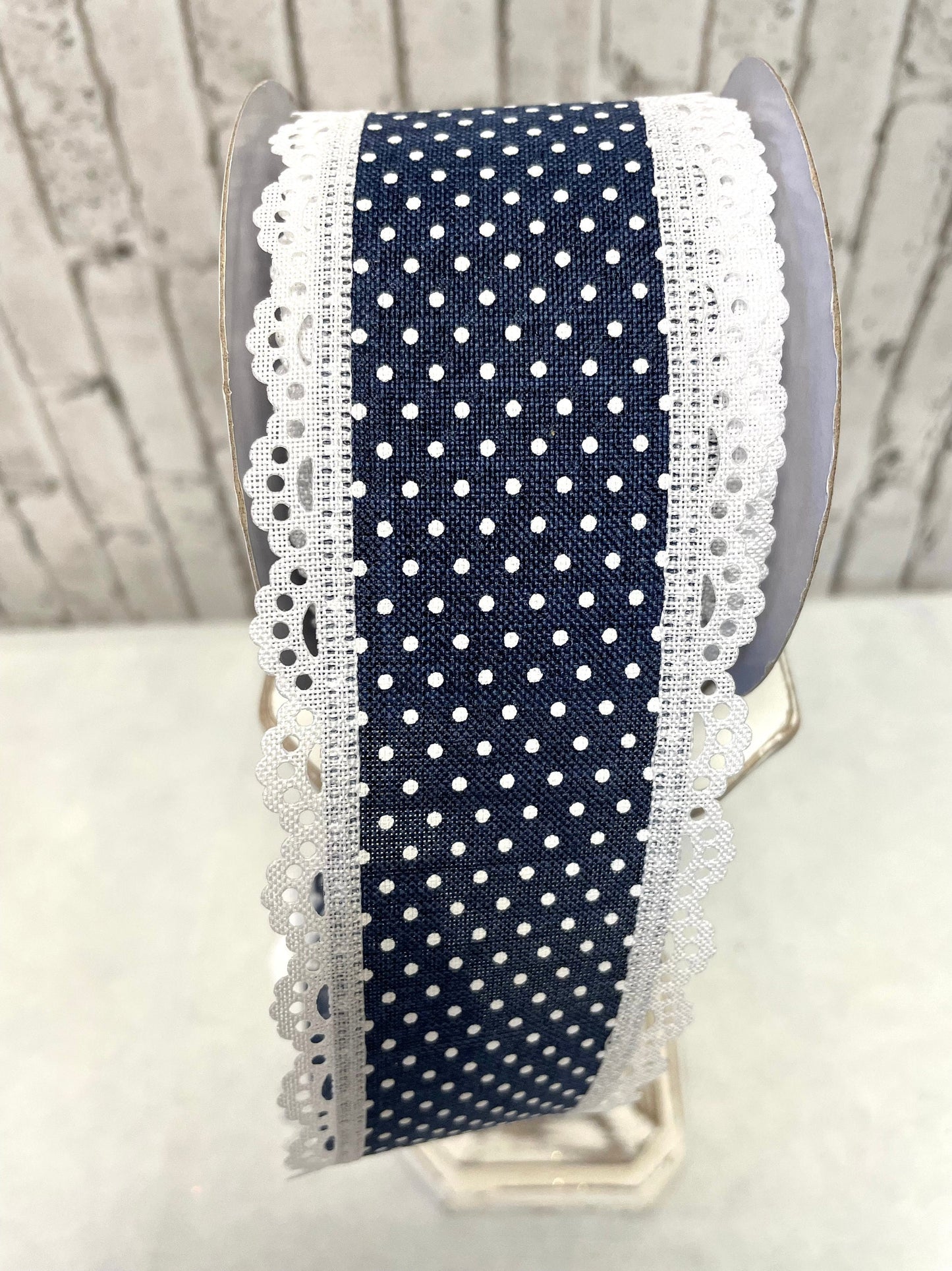 RGO887019, navy Swiss dot with lace trim ribbon