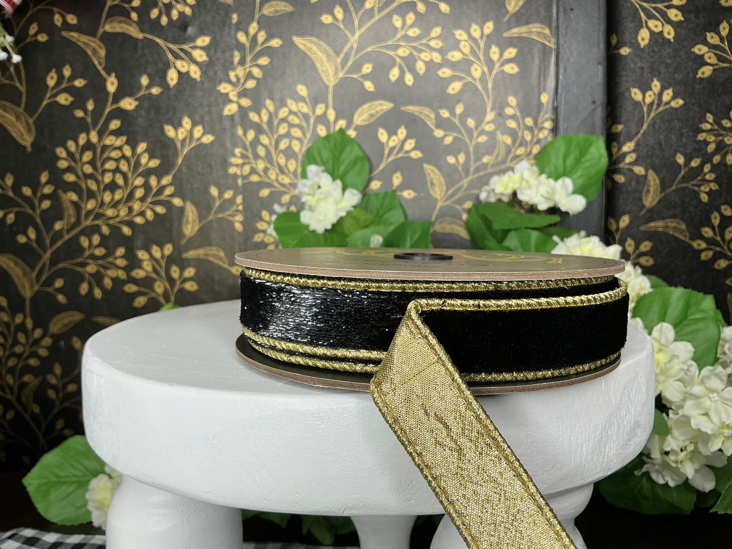 Black Velvet Ribbon with Shimmer and gold edge and back - d stevens