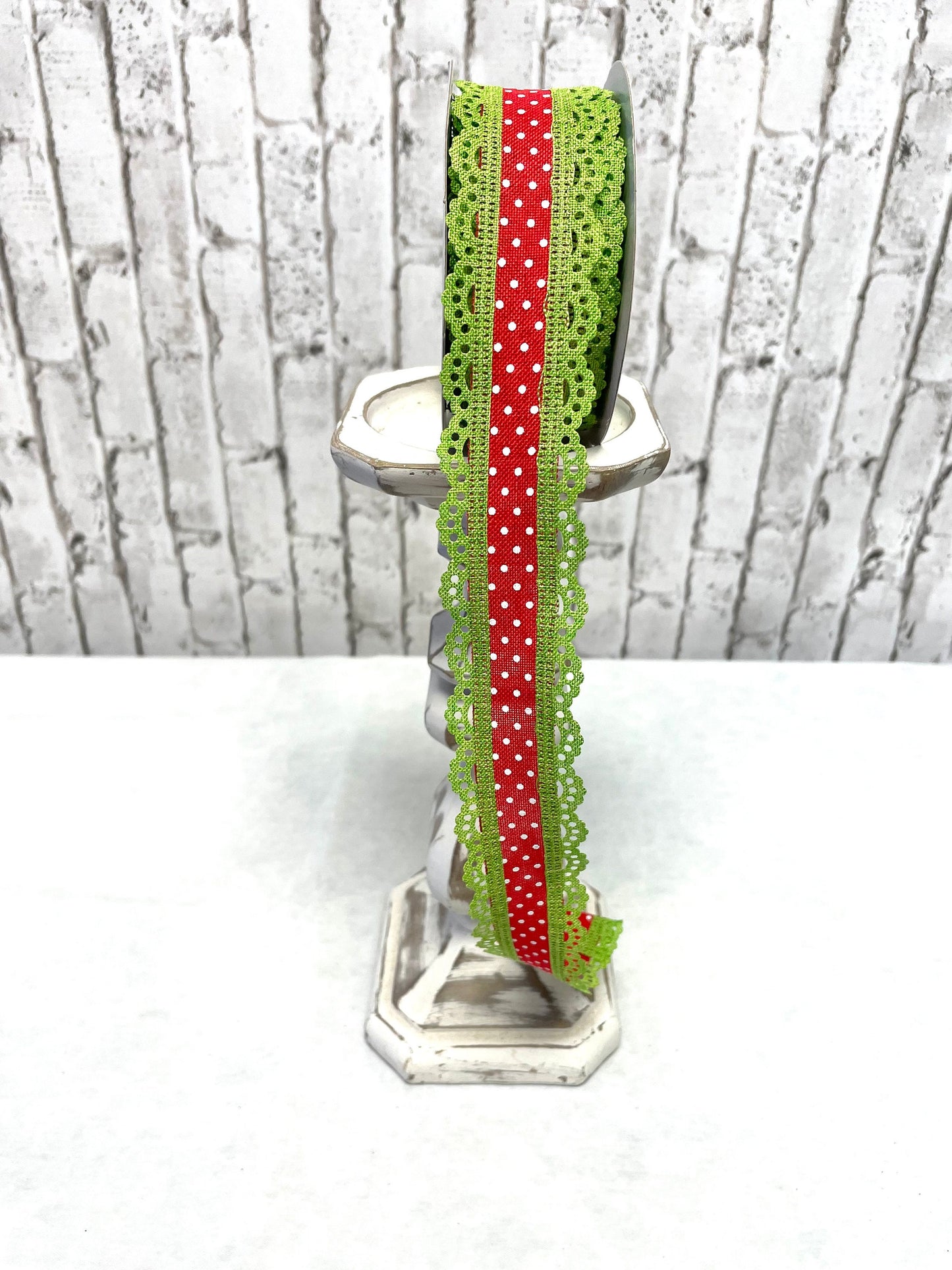 Christmas ribbon, RGO8869T9, red poka dot ribbon with green scalloped edge, spring ribbon, summer ribbon