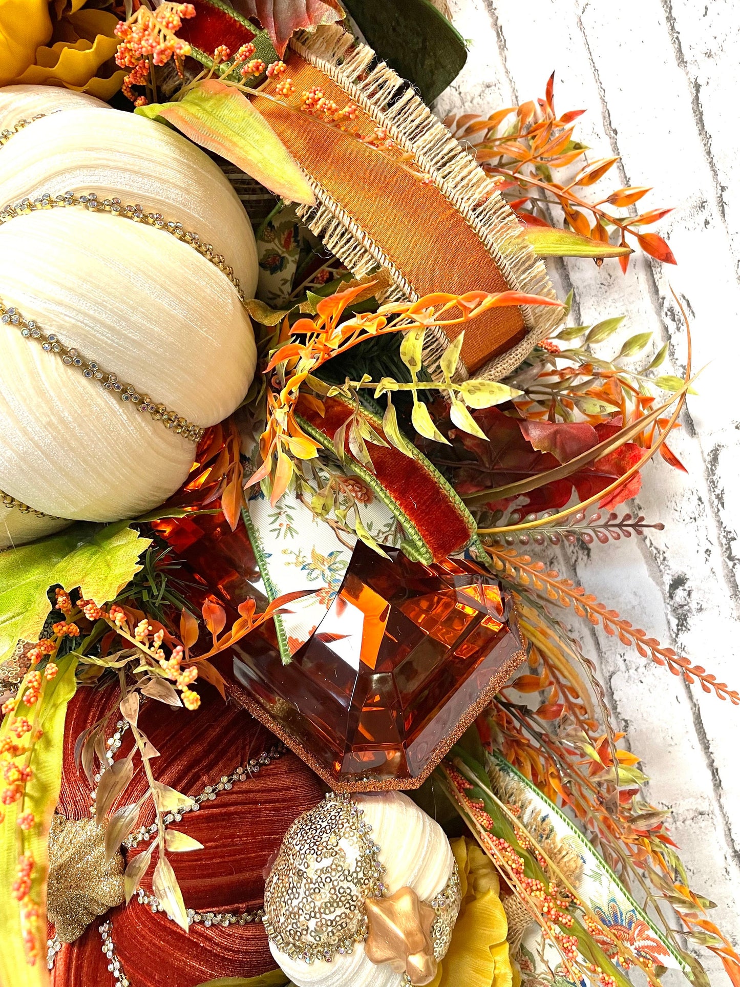 glam fall swag, designer pumpkin and jewels fall swag, glam fall wall decor, mark Robert’s glam pumpkin, shipping included