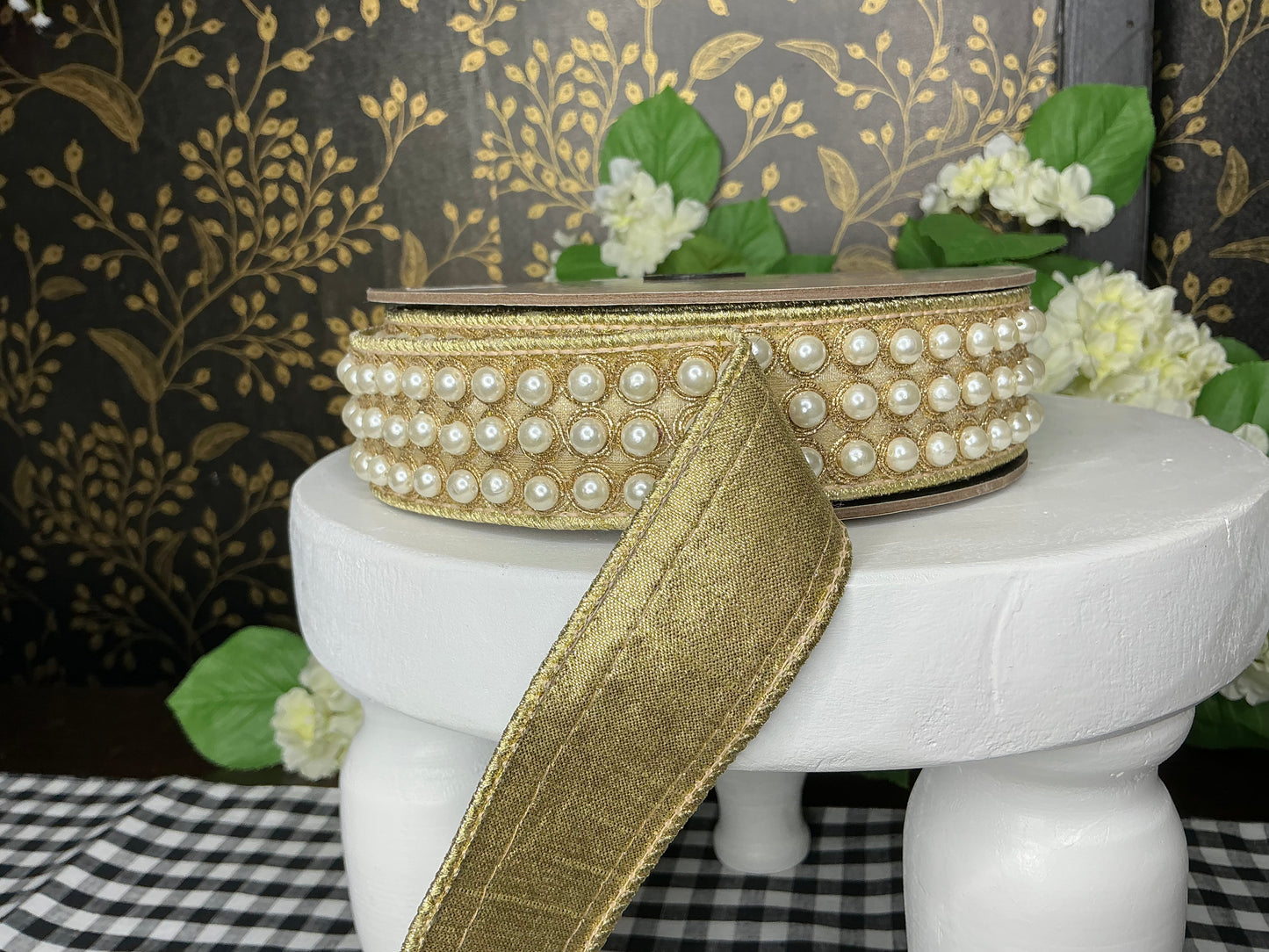 Gold Metallic Ribbon with Pearls - d stevens