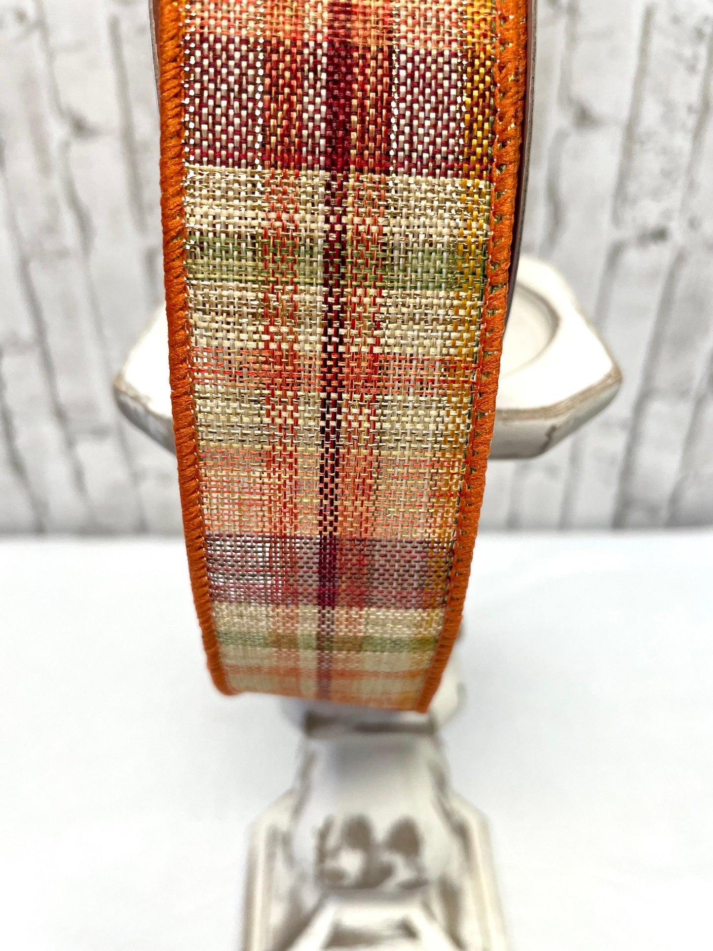 fall plaid woven ribbon, RGC1666, fall ribbon, fall plaid with gold tensil stripes, thanksgiving ribbon, fall metallic gold thread ribbon
