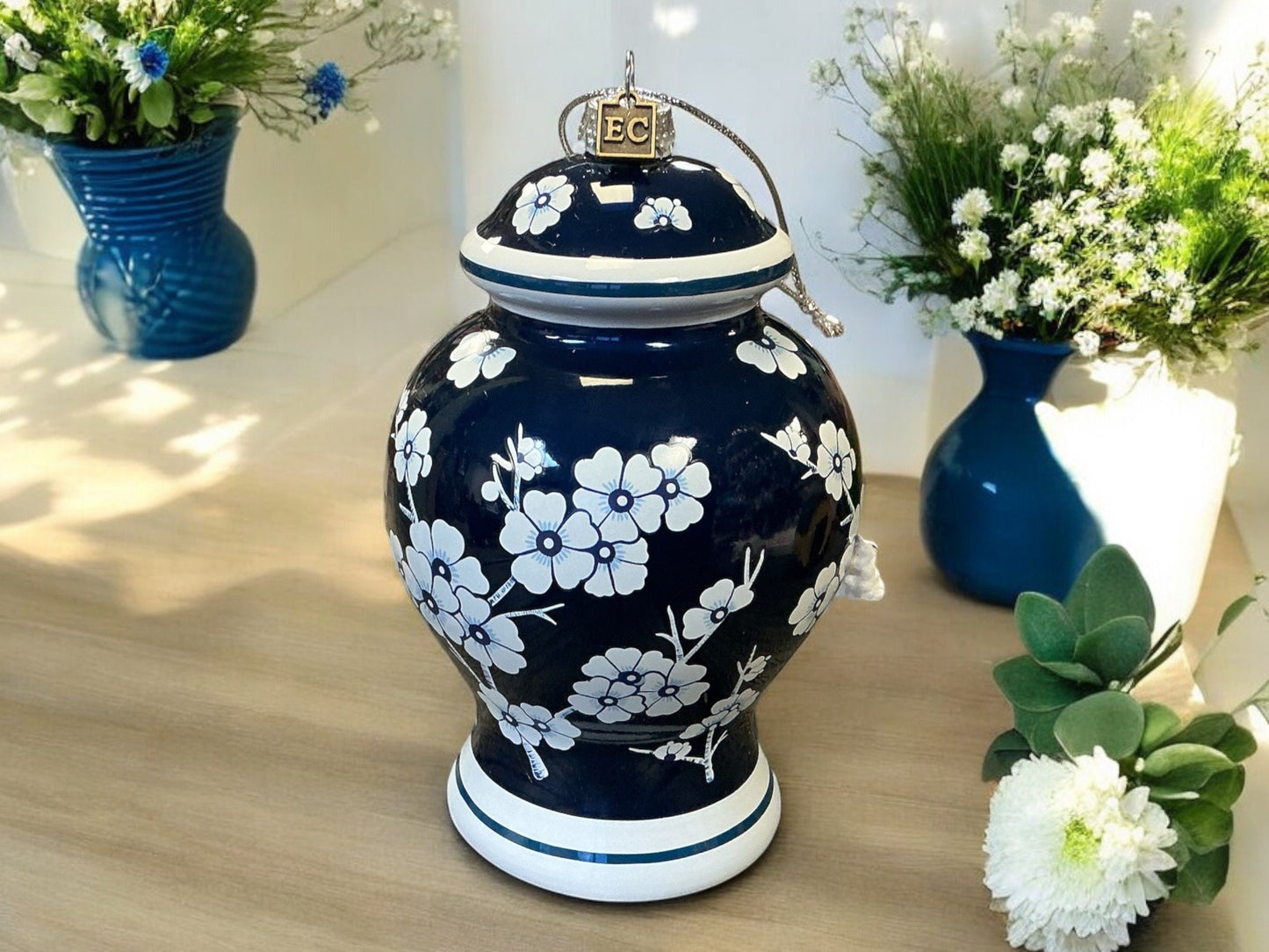 Blue and White Chinoiserie jar 7” Christmas ornament, wreath attachment
