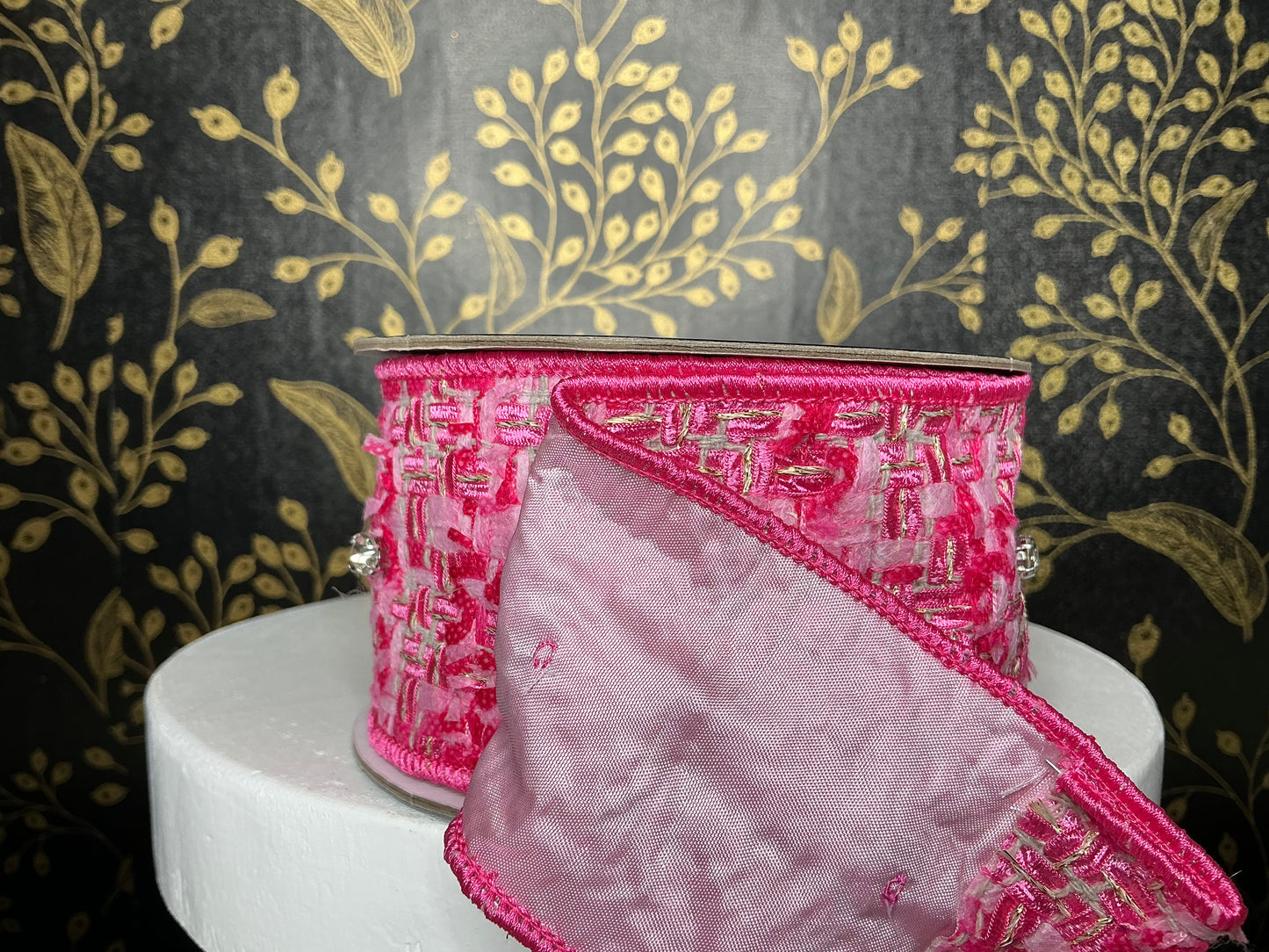 Pink/Silver tweed ribbon with jewel, Nancy Brown, 2.5”x5YD, 25-B1319-1