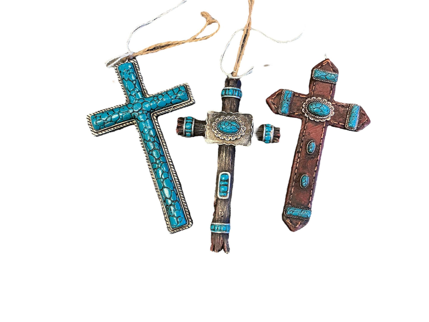 turquoise and leather cross Christmas ornament