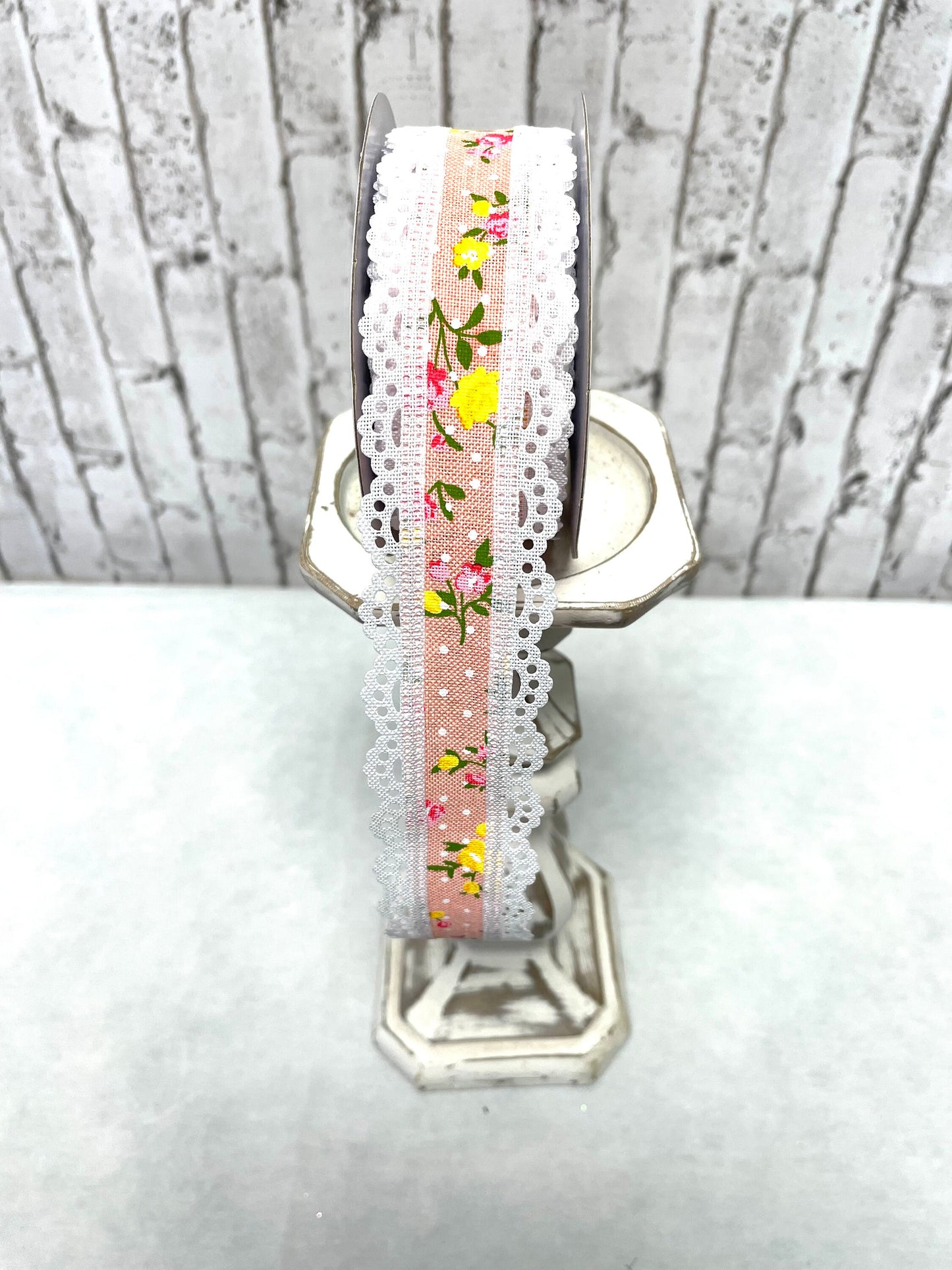 Peach floral lace trim ribbon, RGA8567YN