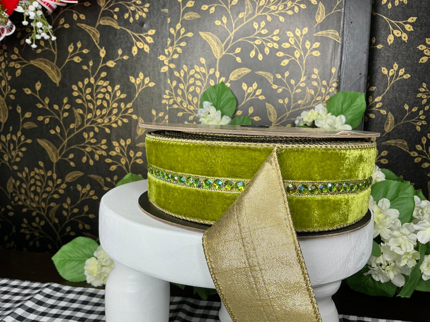 Lime Green velvet Ribbon with Jewel trim Center - d stevens