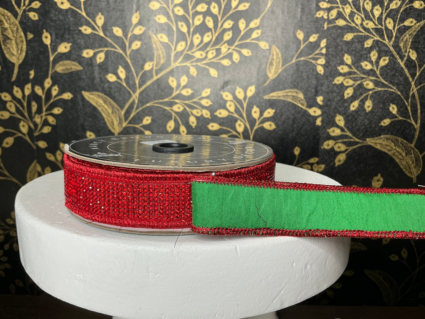 Red Bling ribbon, Green back, Nancy Brown, 1”x5YD, 25-800-8