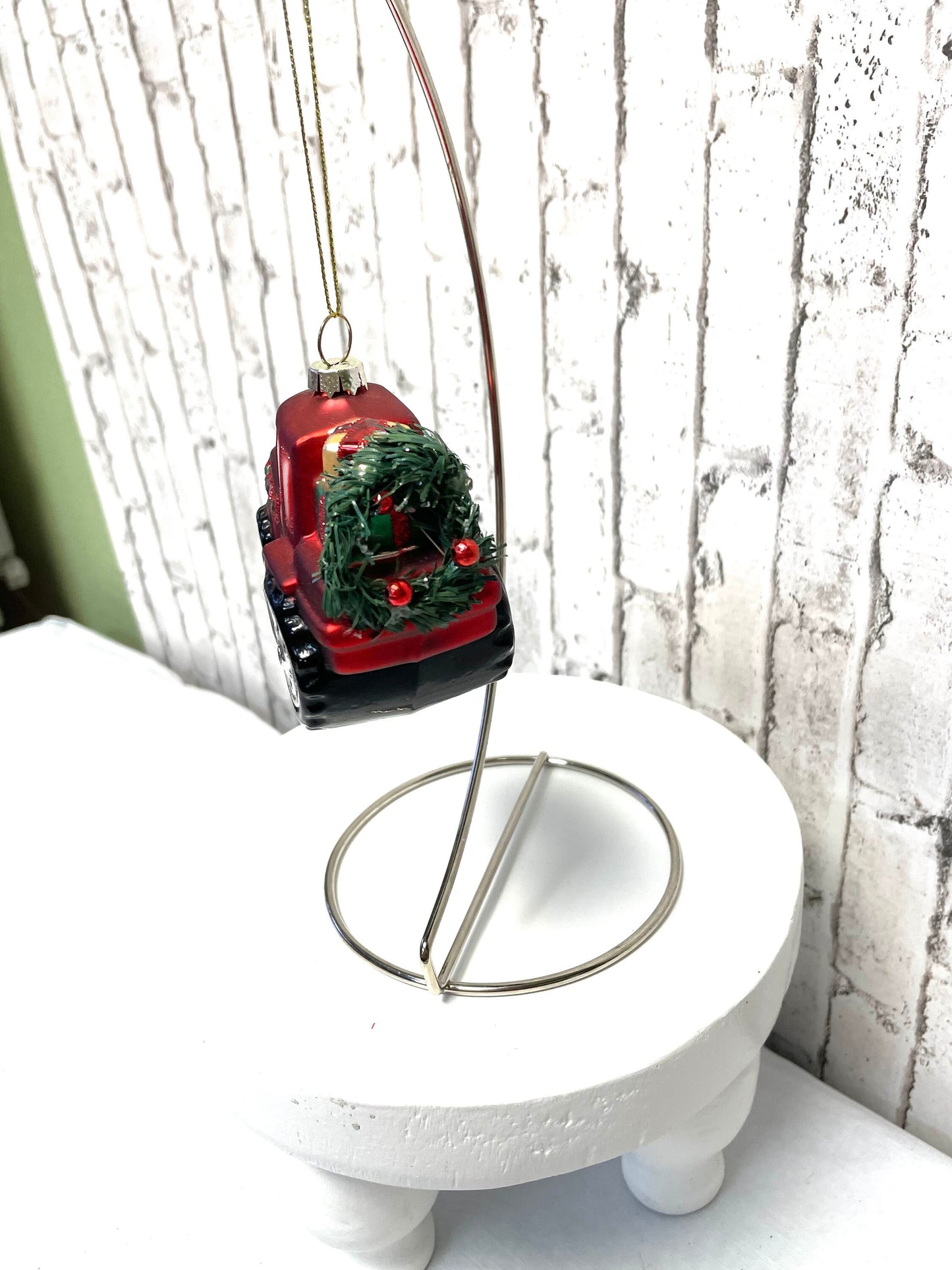 Red tractor with wreath Christmas ornament