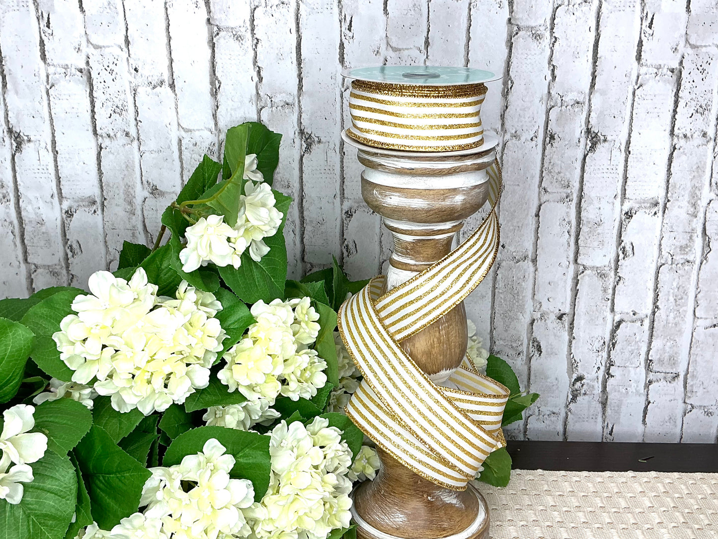 White ribbon with glittery gold stripes, RGF1970C6