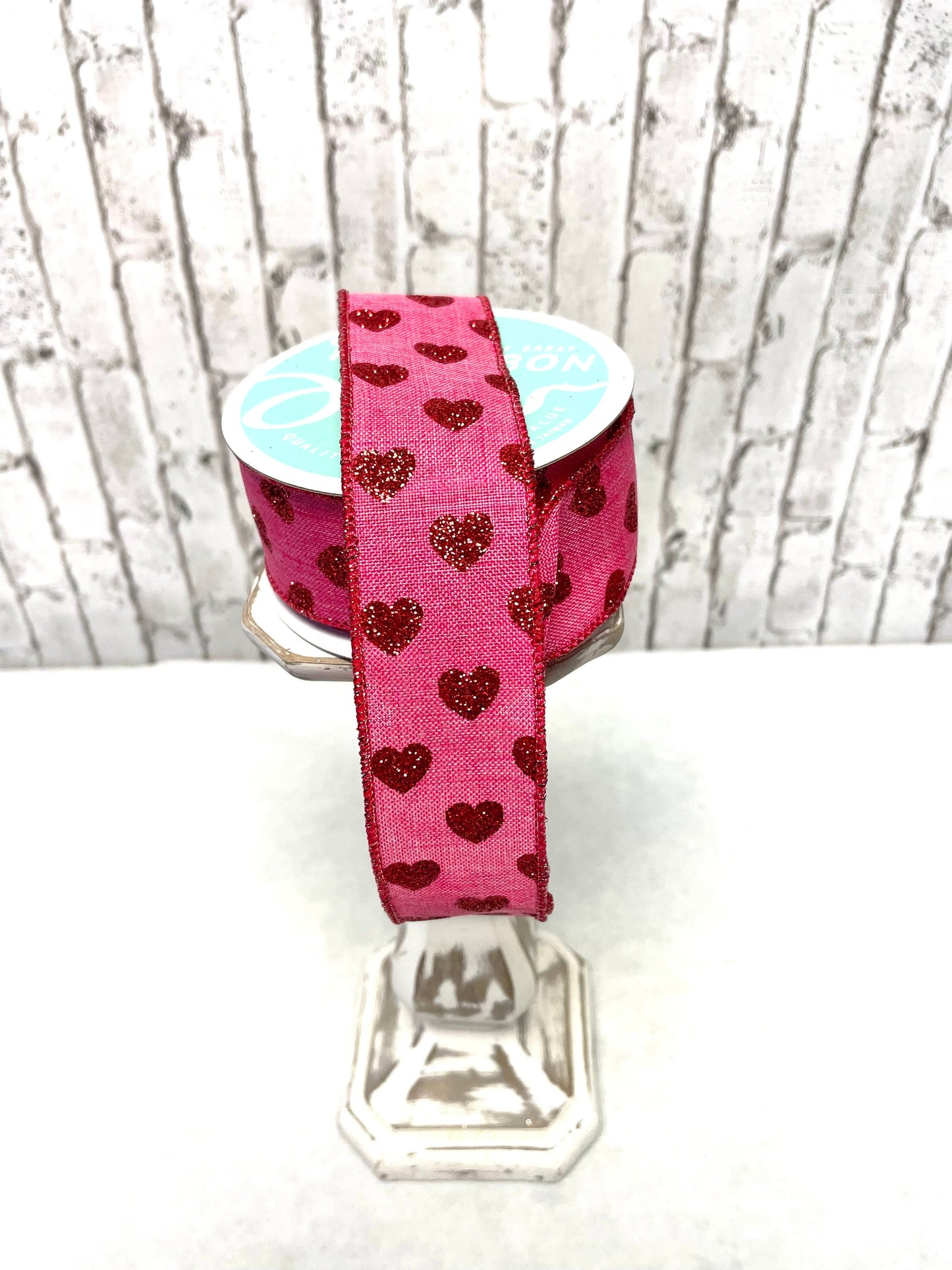 RGA173711, hot pink royal burlap ribbon with red glitter hearts