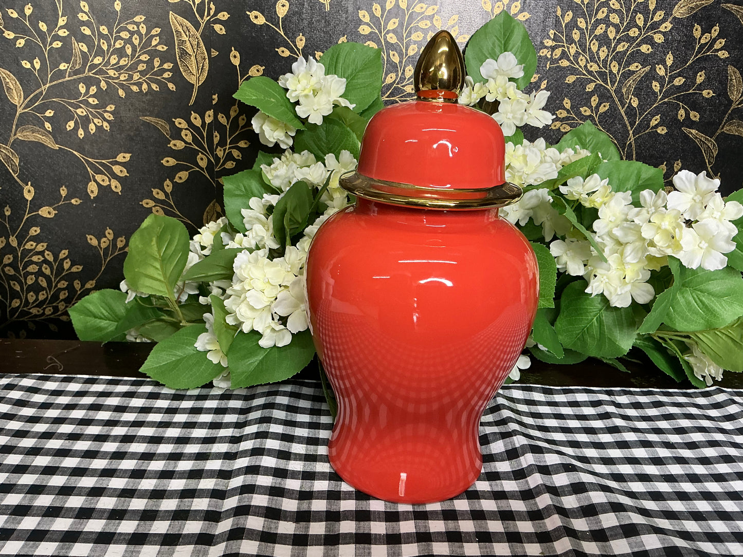 Red Orange/ Gold Ginger Jar - 12”