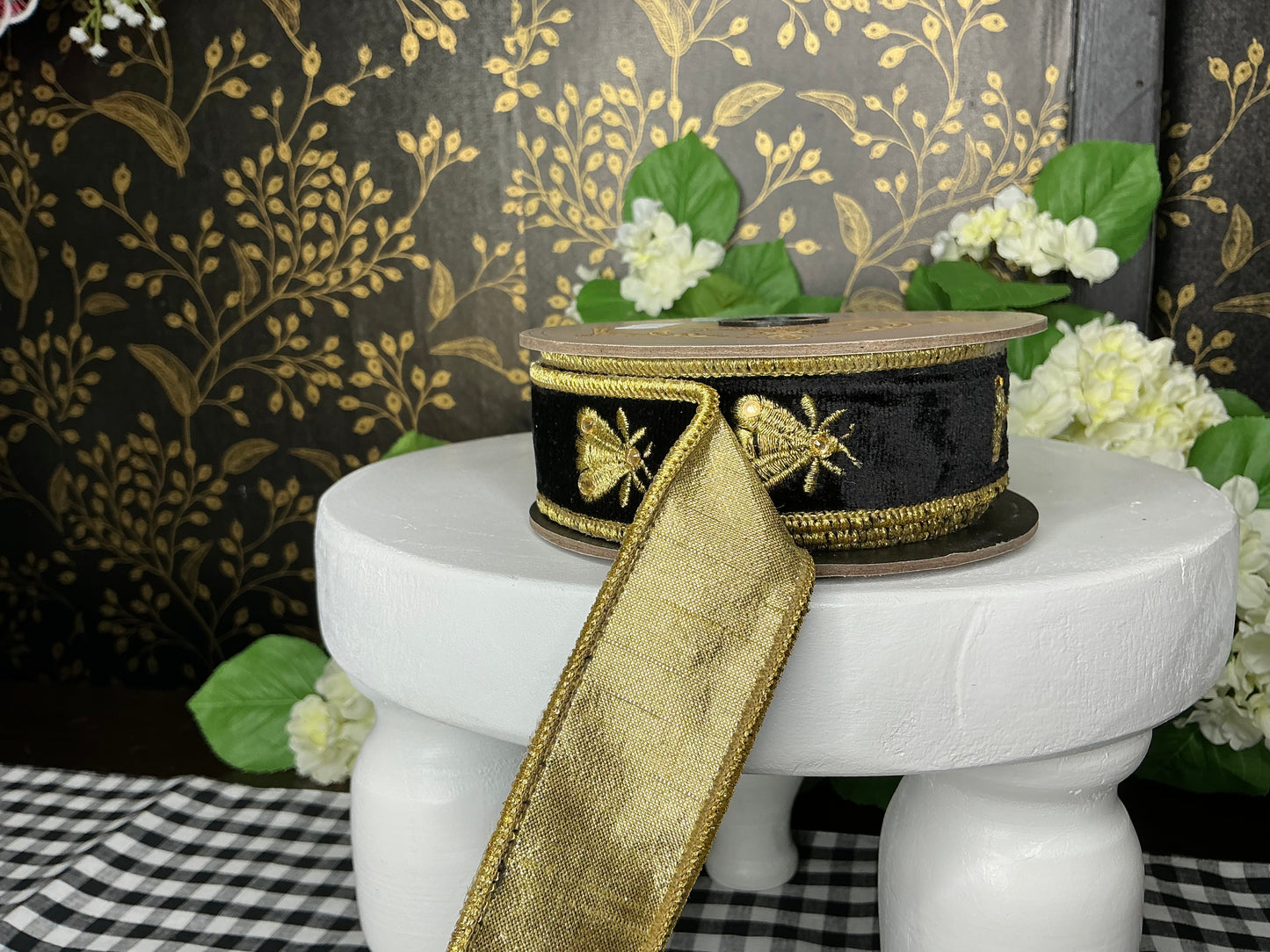 Black Velvet Ribbon with gold Bees - d stevens