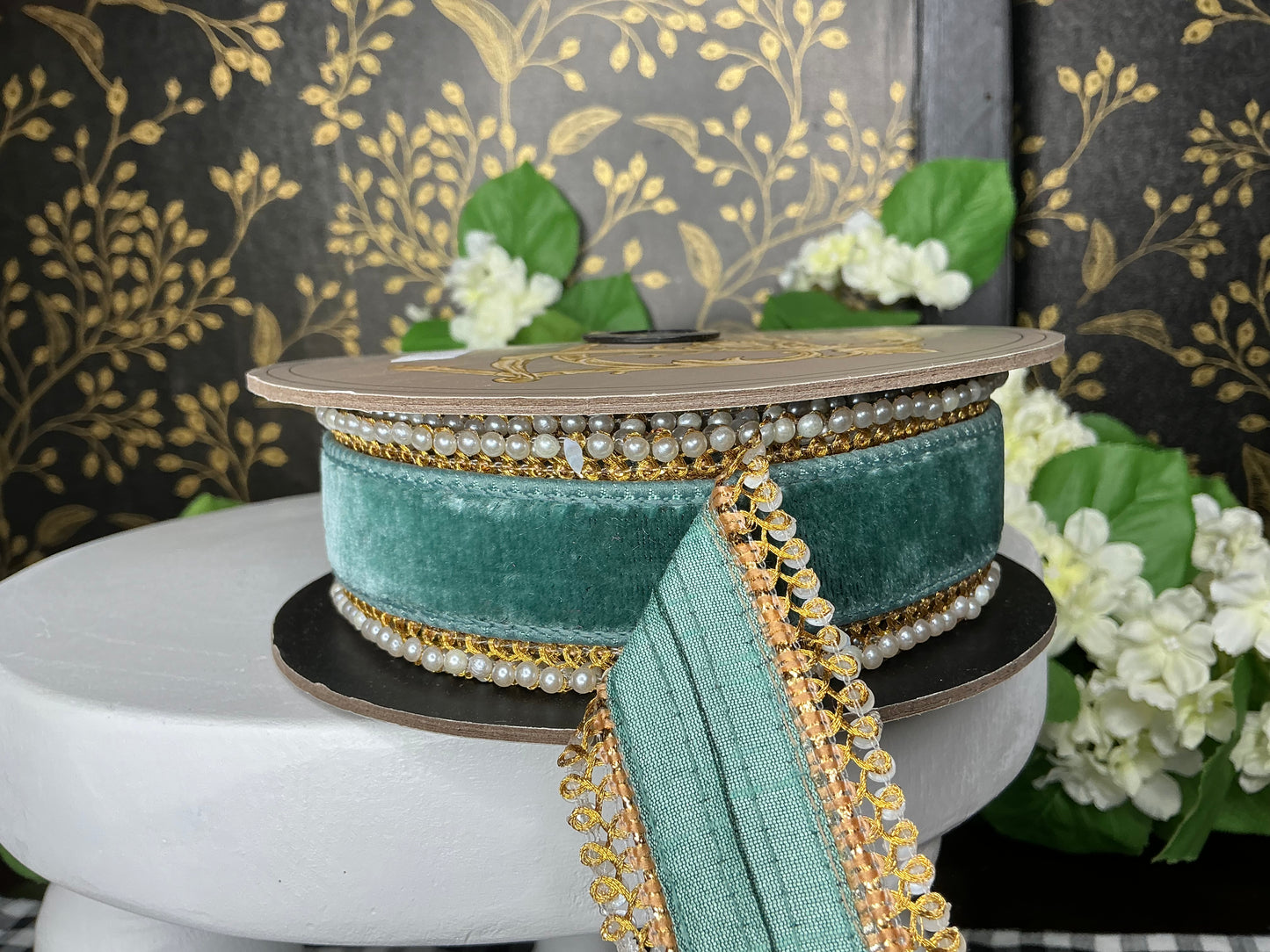 Celadon Velvet Ribbon with Pearl side trim - d stevens