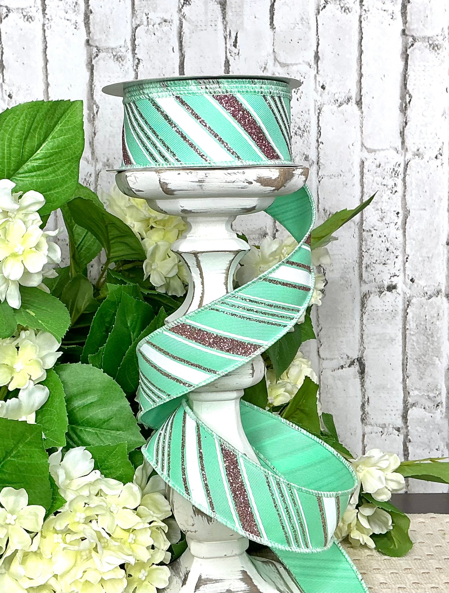 Mint Ribbon with pink and white stripes, RGE1511AN