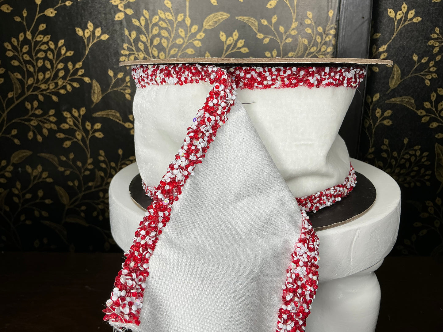 White Velvet Ribbon with Red/White Trim - Vickerman