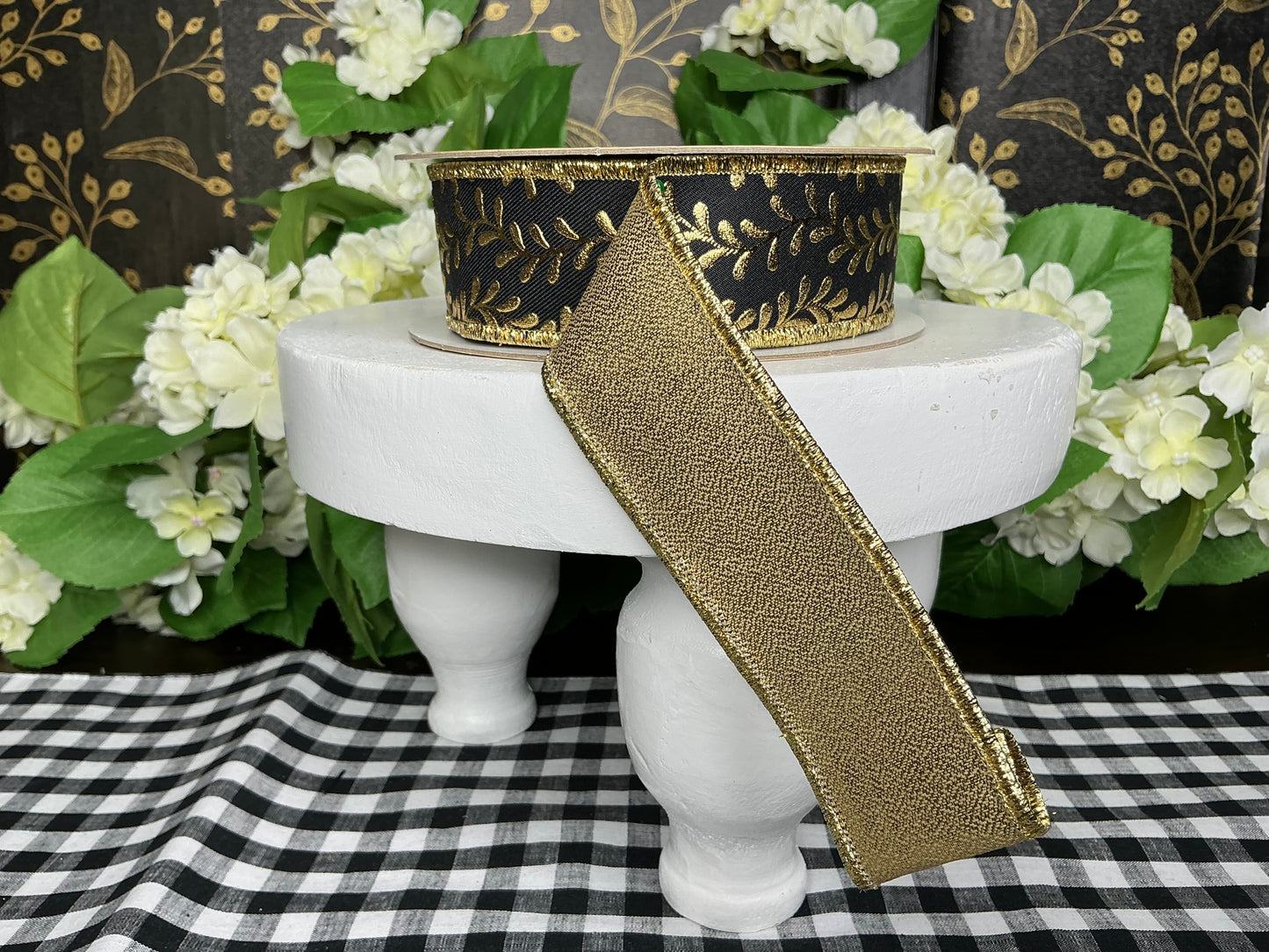 Black with gold leaf garland design ribbon - D’Lux - 1.5”