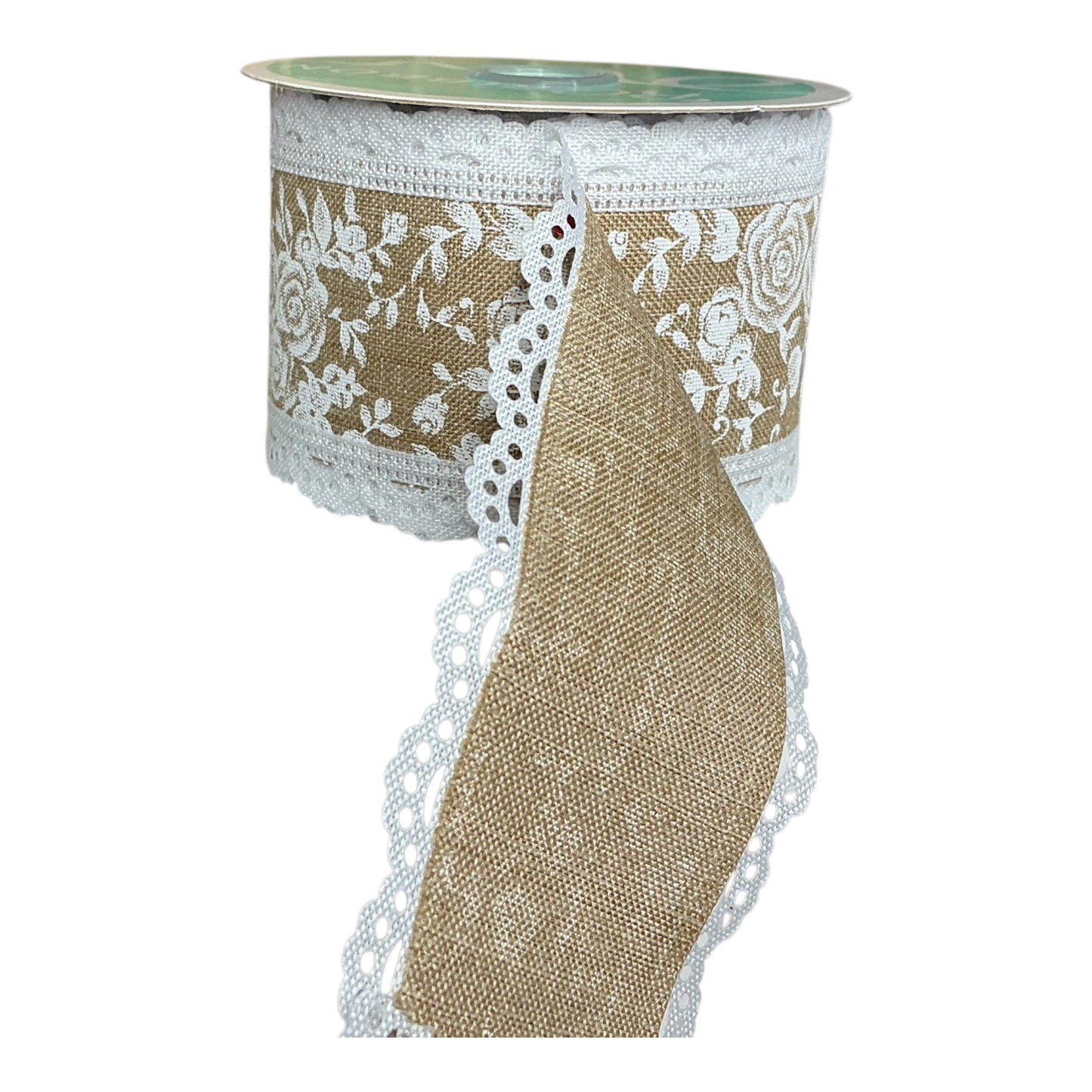 Burlap Ribbon with White rose pattern and white lace