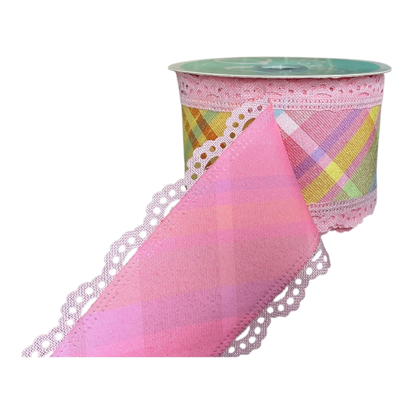 Pastel Plaid ribbon with pink lace edge