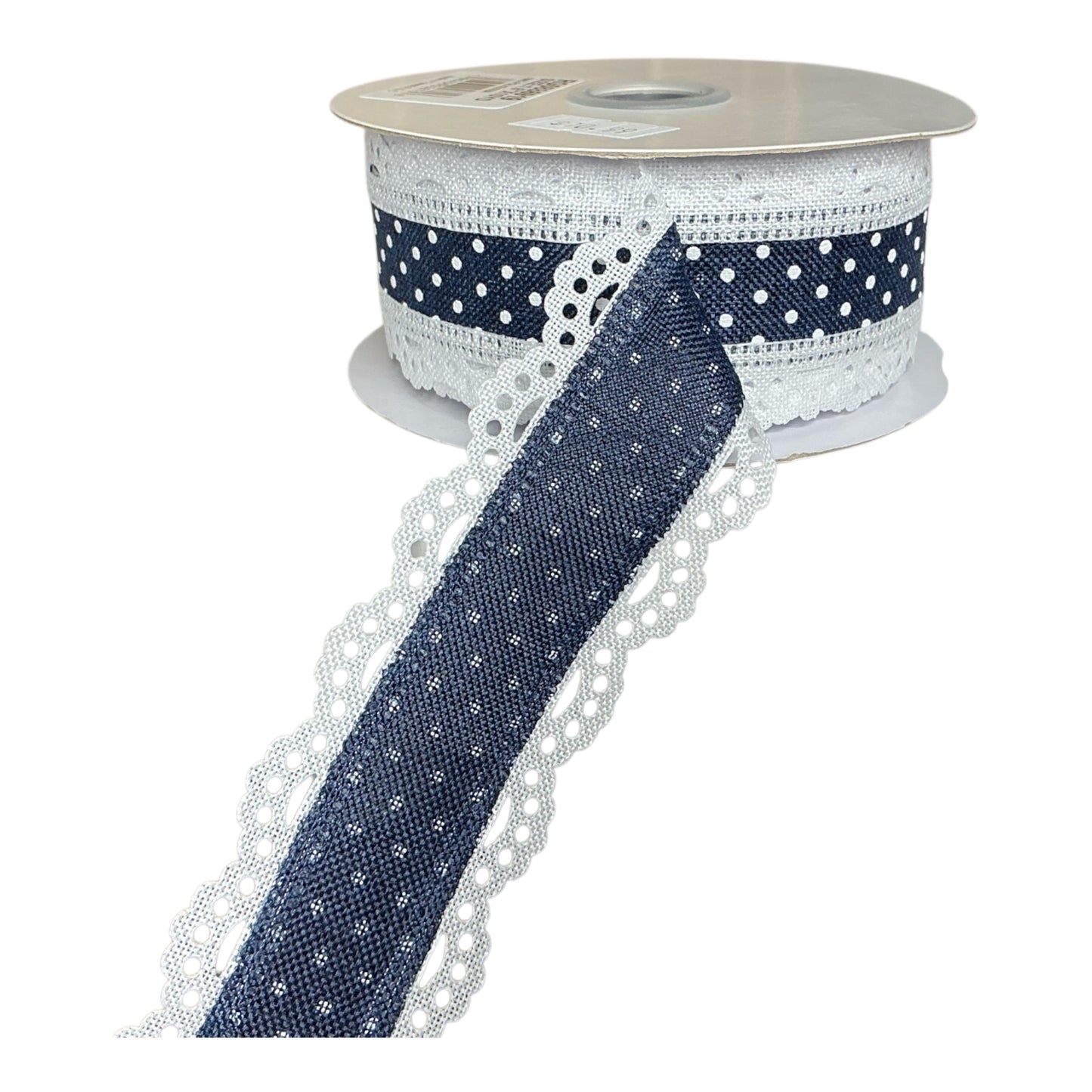 Navy Blue Ribbon with White dots and white lace