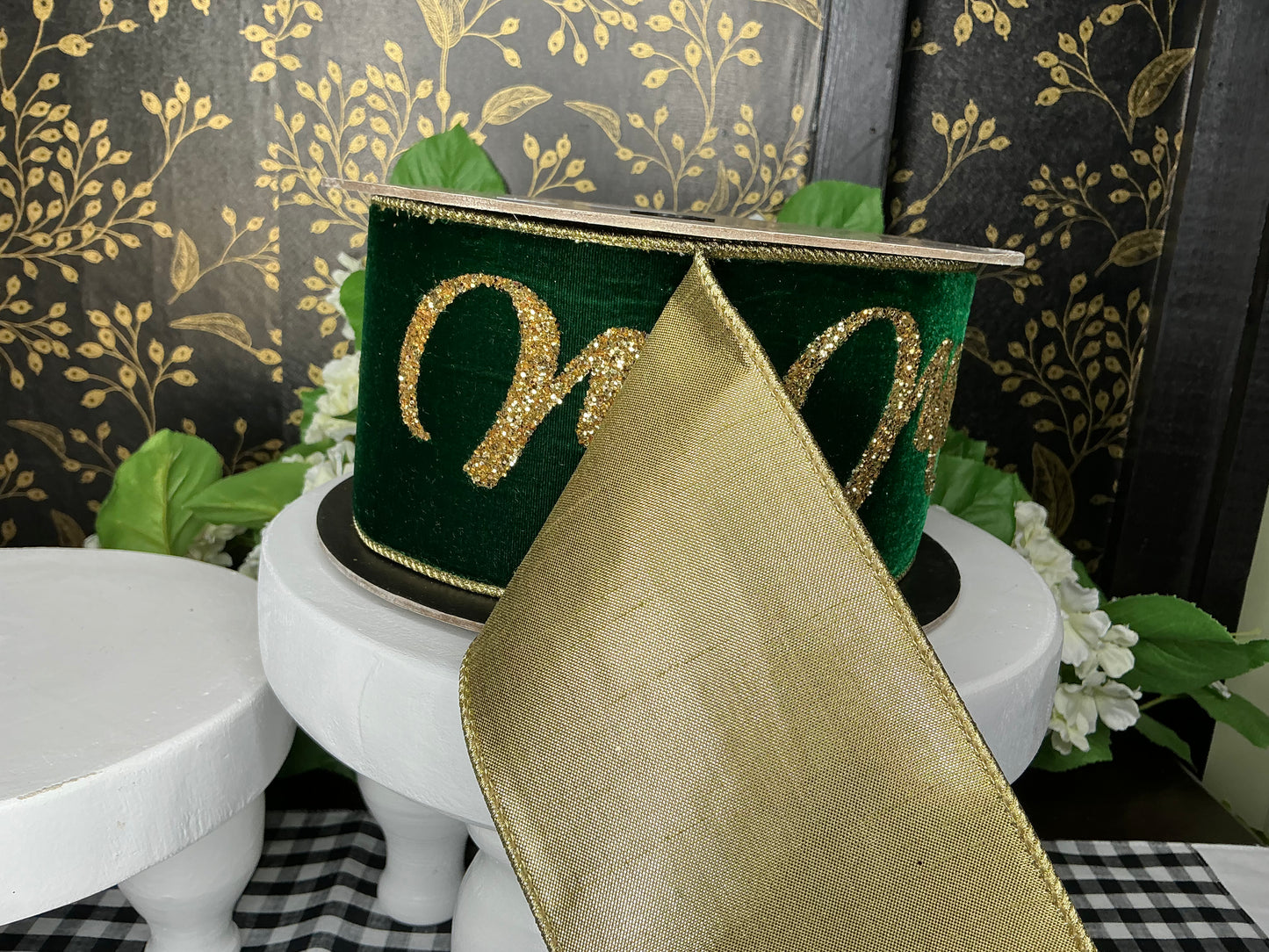 Emerald Green Velvet Ribbon with “Merry Christmas” - D Stevens