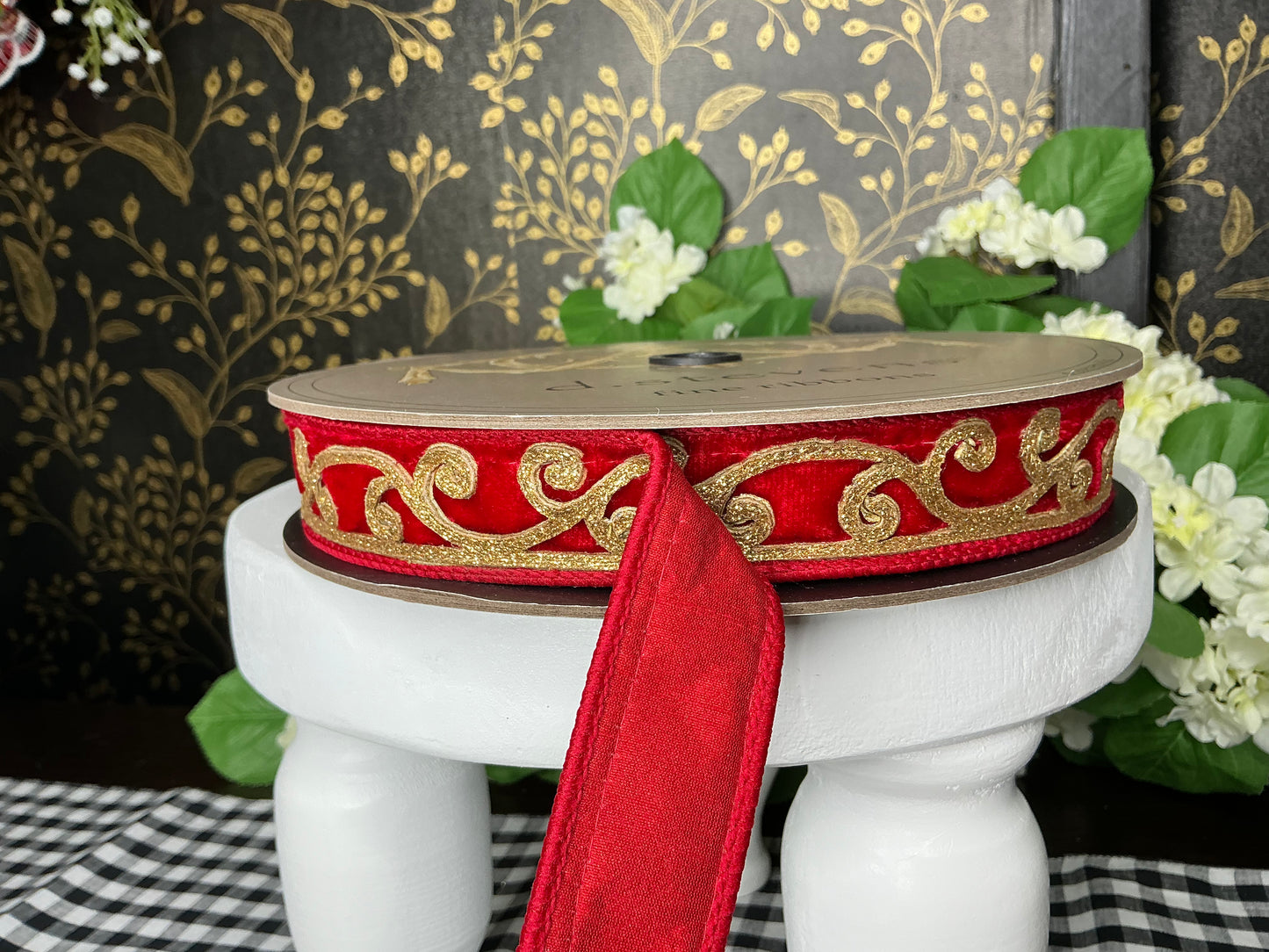 Red Velvet Ribbon with Gold Scroll Trim - d stevens