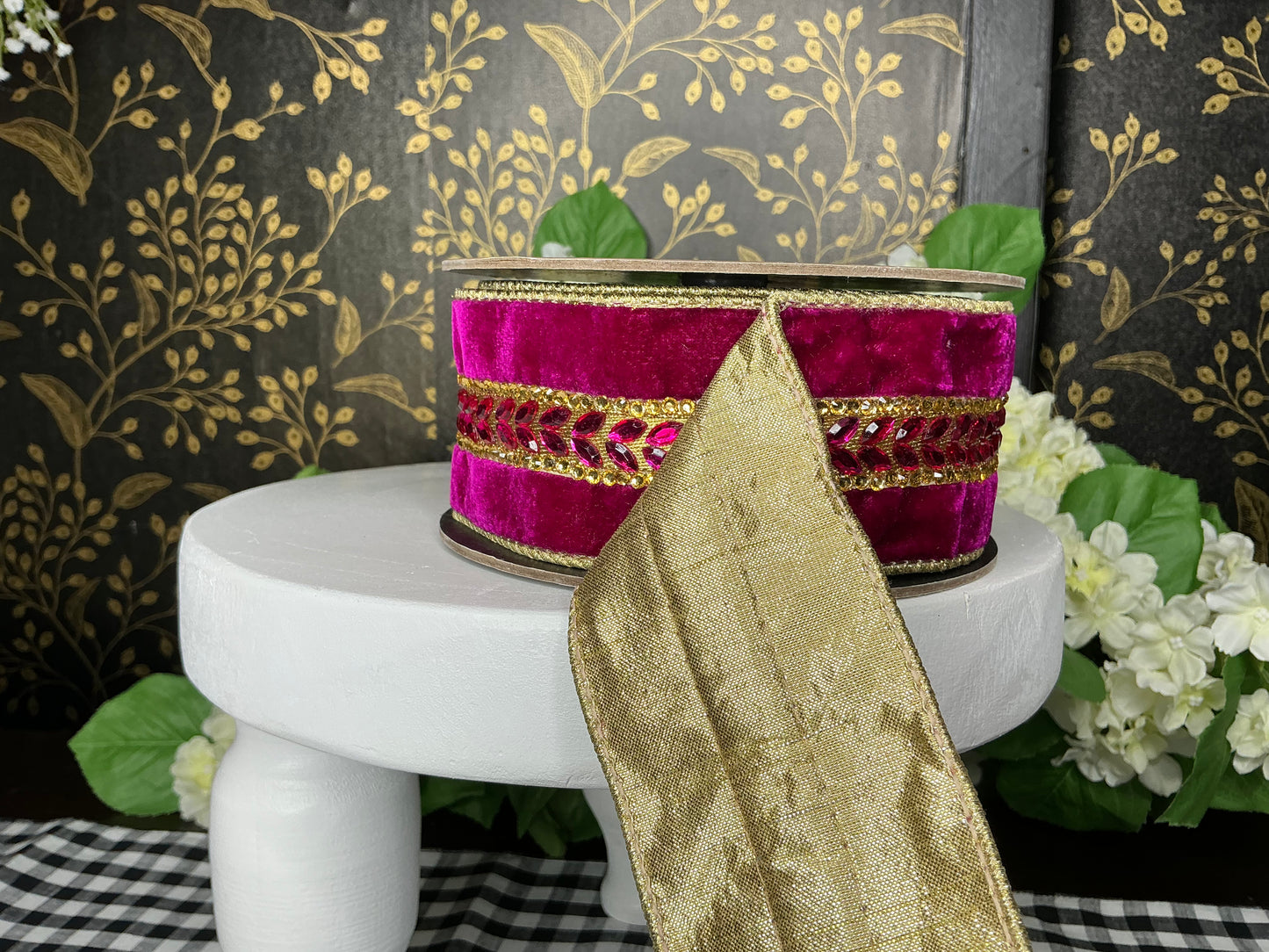 Fuchsia Velvet Ribbon with Gold Jewel Trim - d stevens