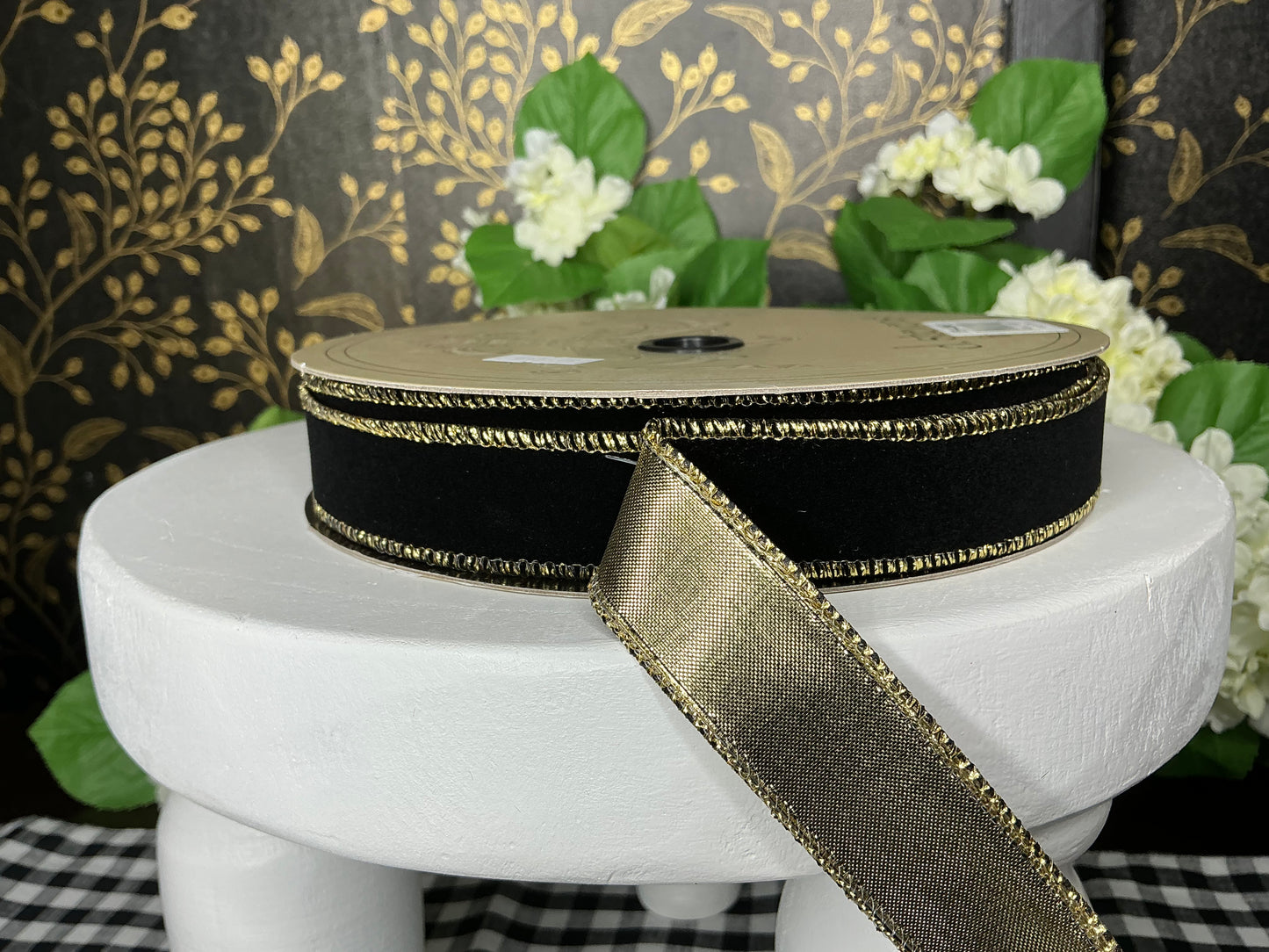 Black Flocked Velvet Ribbon with Metallic Gold, 1” x 25YD - d stevens