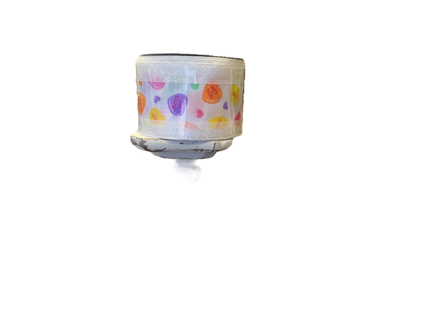 White valentine ribbon, RGO822627, 2.5 white with candy hearts