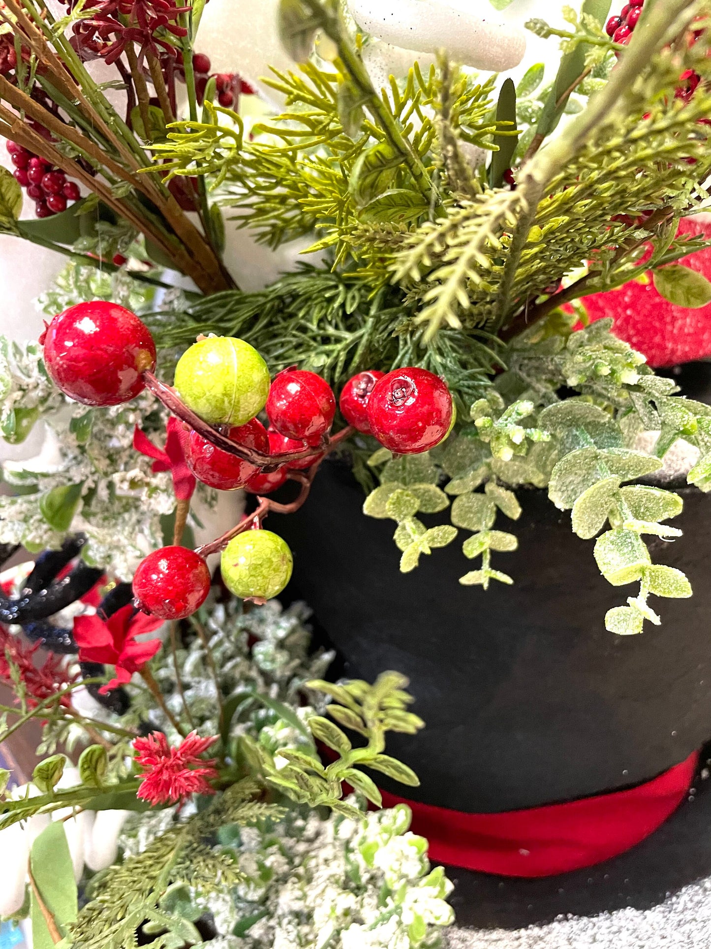 Snowman tree topper, Christmas tree topper, black hat tree topper, snow theme tree topper, Christmas decor, shipping included