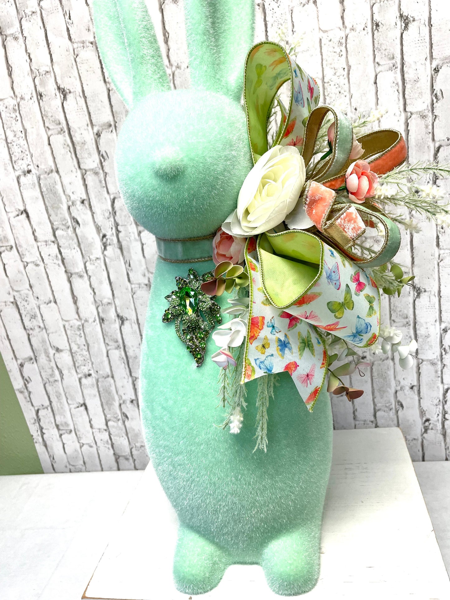 Flocked Easter bunny with jewels and florals, X-Large flocked bunny, mint flocked bunny, Easter decor, not styrofoam, shipping included