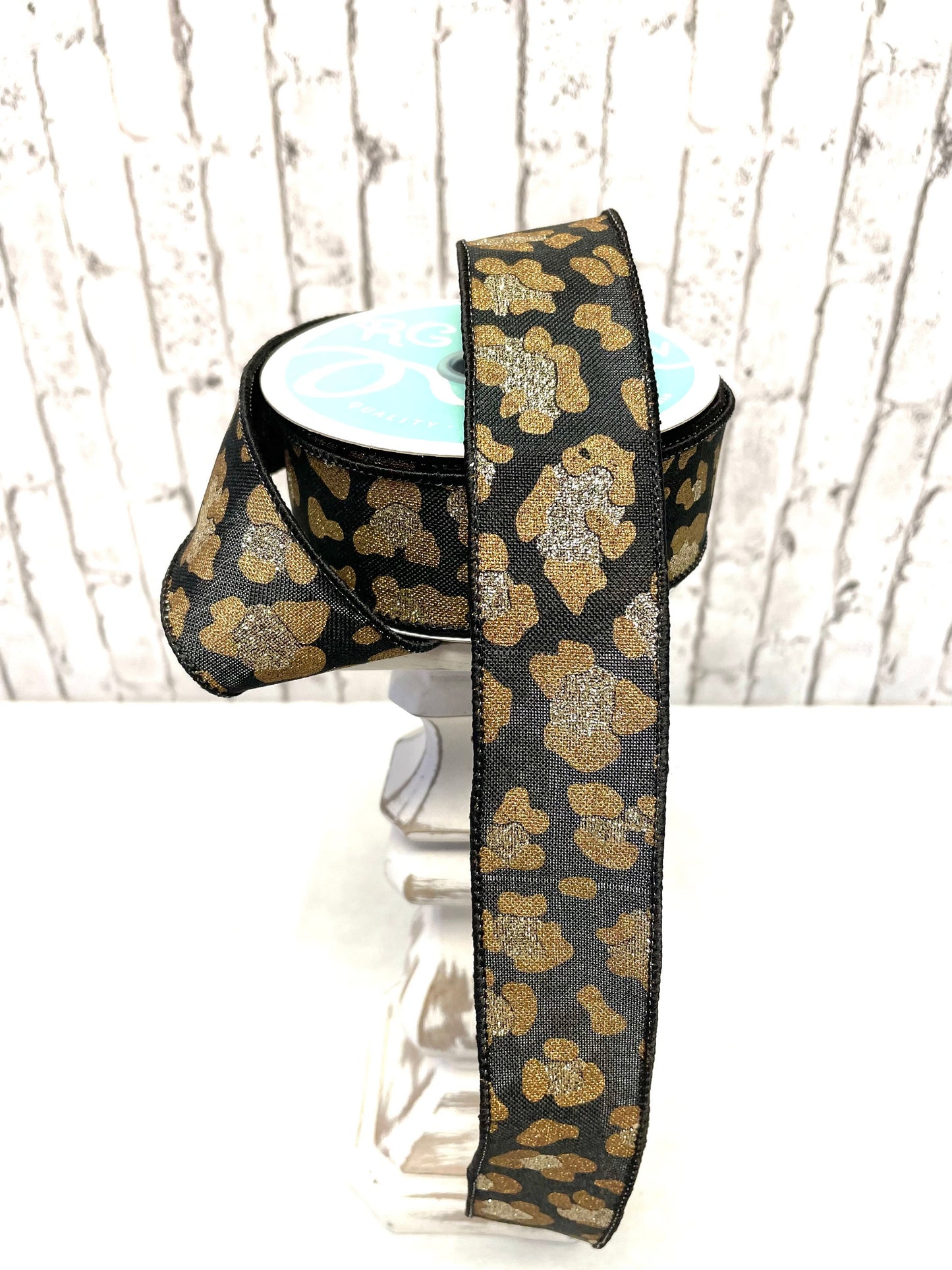 Black leopard print ribbon, black and gold leopard, RGB141202