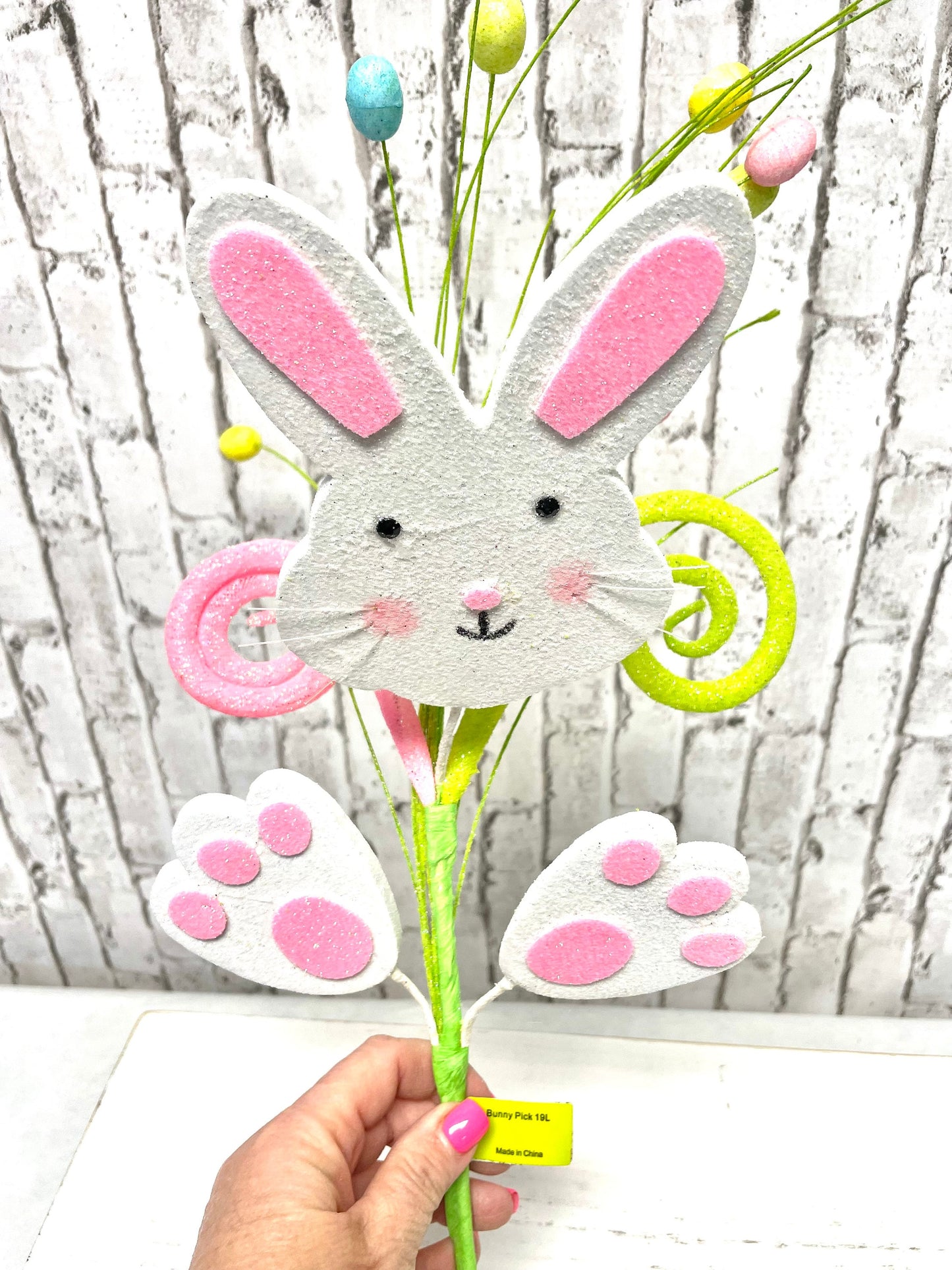 Bunny spray, Easter spray, 61904EAS, bunny curly pick, bunny pick, spring pick, Easter pick