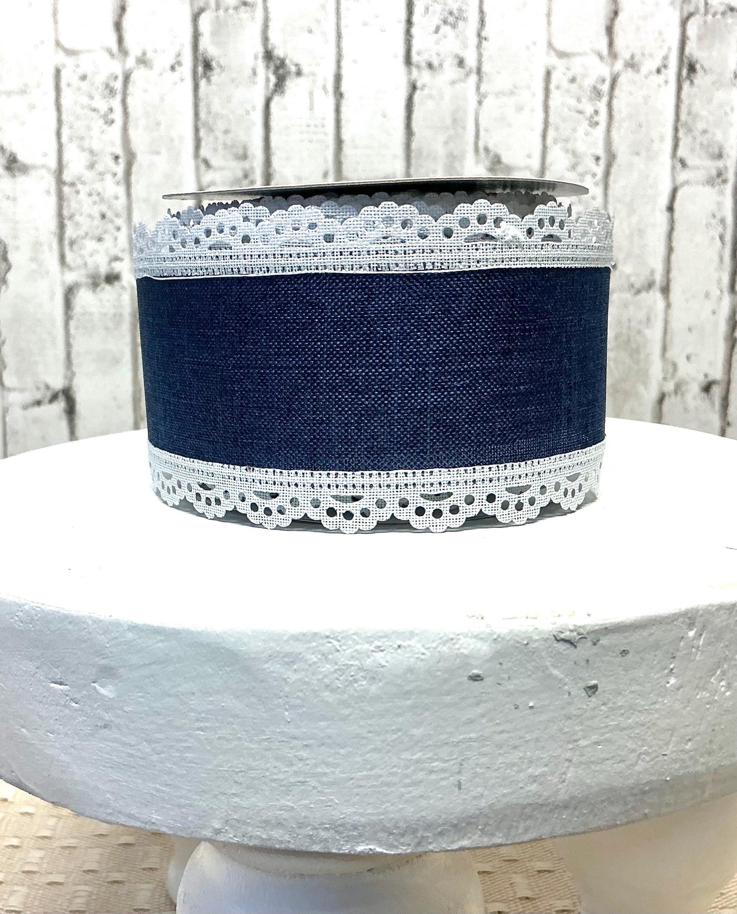 Navy Burlap Ribbon with White Lace edge, 2.5” x 10YD, RGA154219