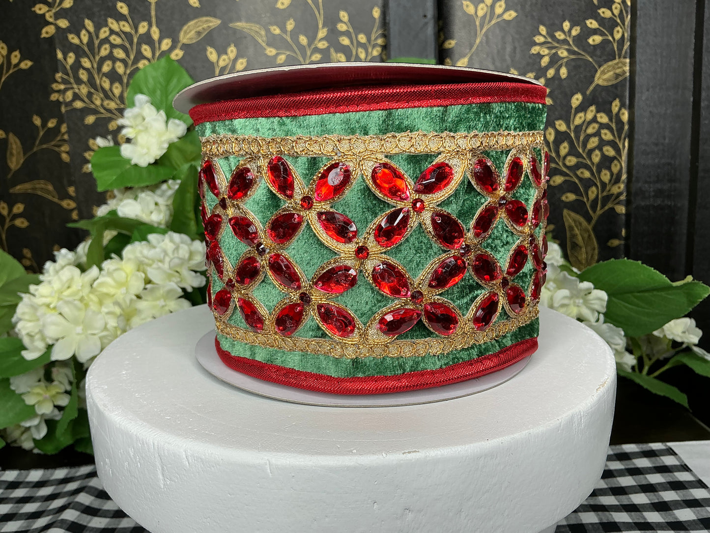 Green Velvet Red Floret Jewel - John Mark Ribbon