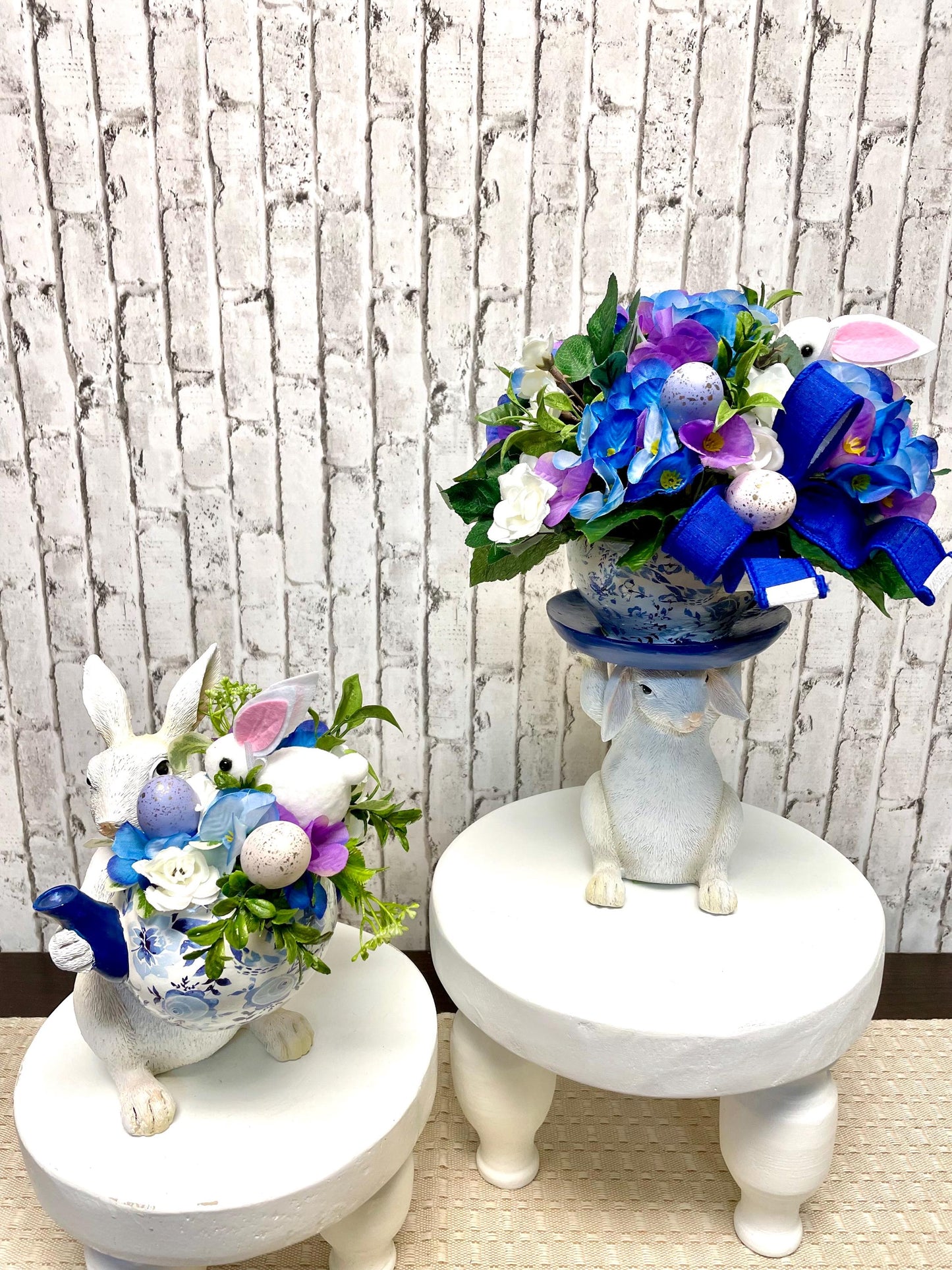 bunny tea cup set, Easter arrangements, resin bunnies, Easter decor, Easter tea cup decor, bunny decor, free shipping