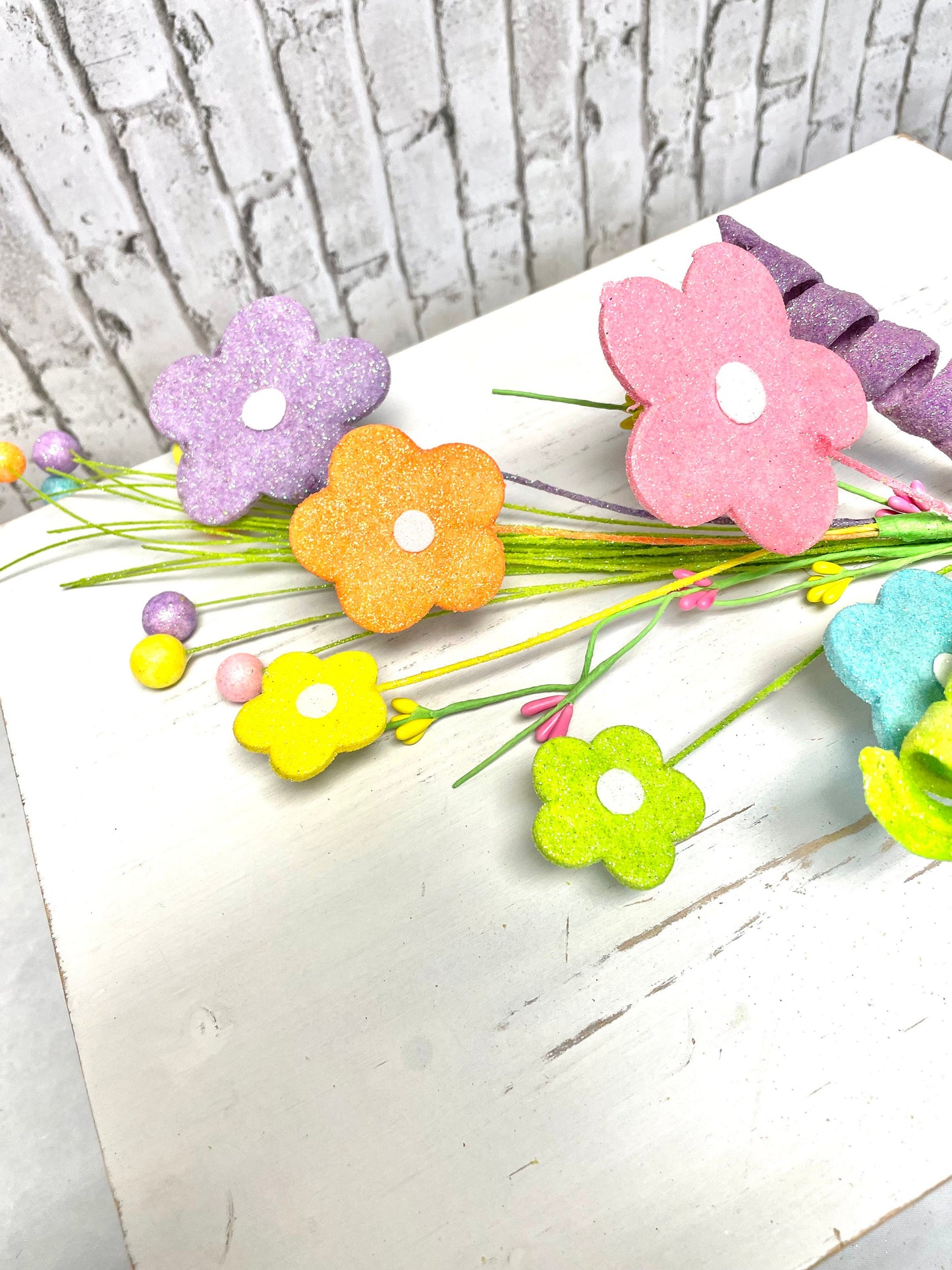 Spring spray, flower spray, 61960EAS, spring glitter flower spray, spring flower pick, glitter flower pick
