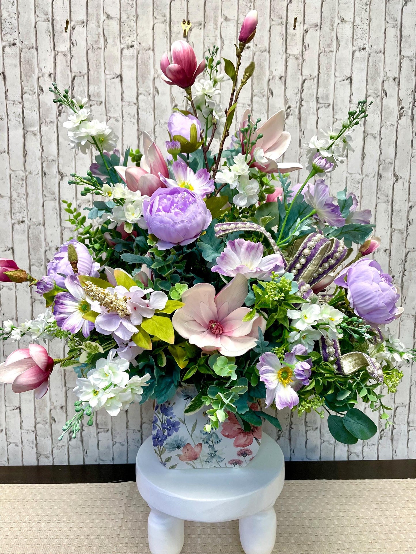 spring arrangement, magnolia centerpiece, spring centerpiece, entryway arrangement, pastel arrangement