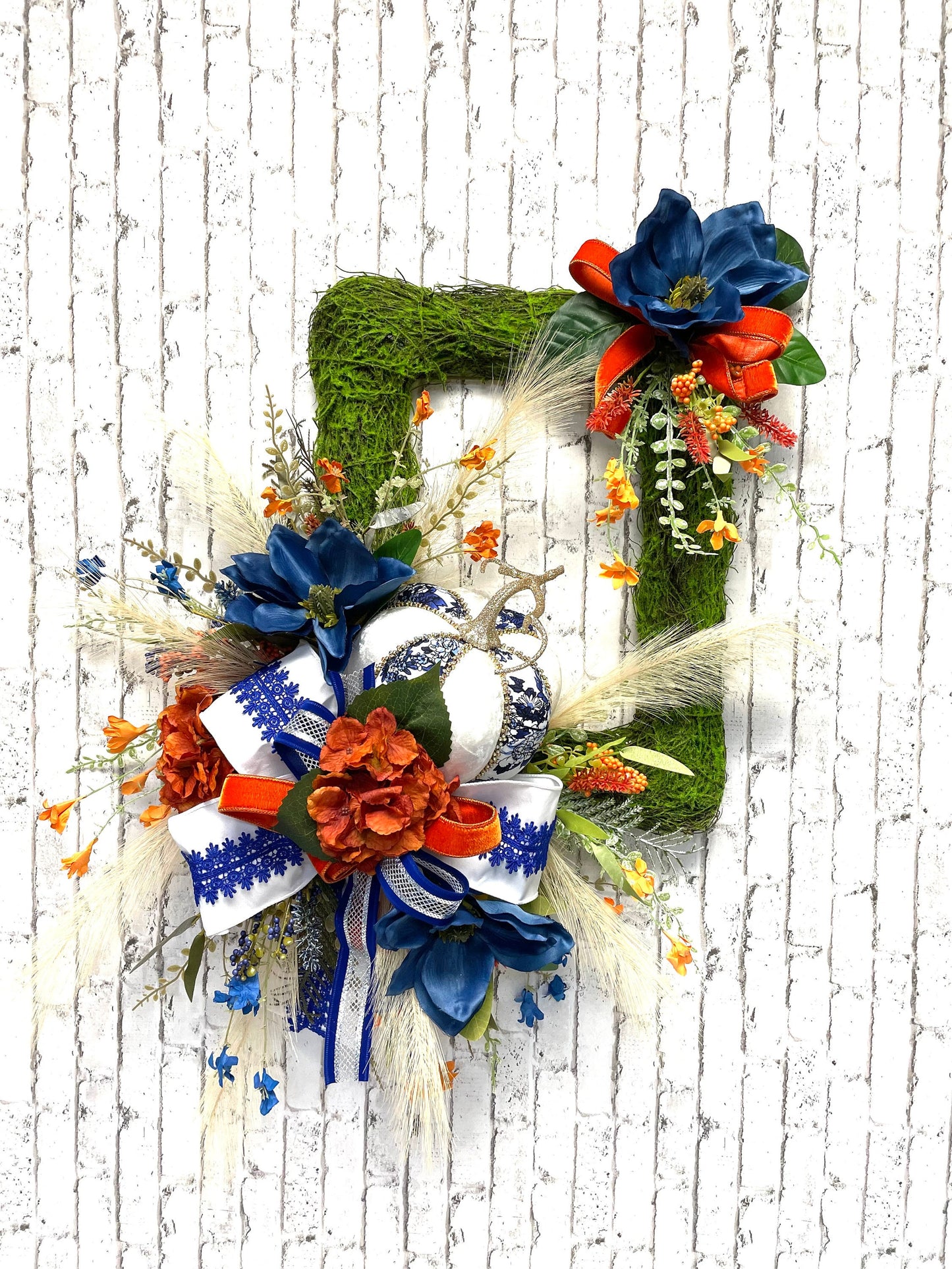 Fall wreath, fall boho wreath, fall decor, blue and orange fall wreath, pumpkin wreath, blue and orange boho decor, shipping included